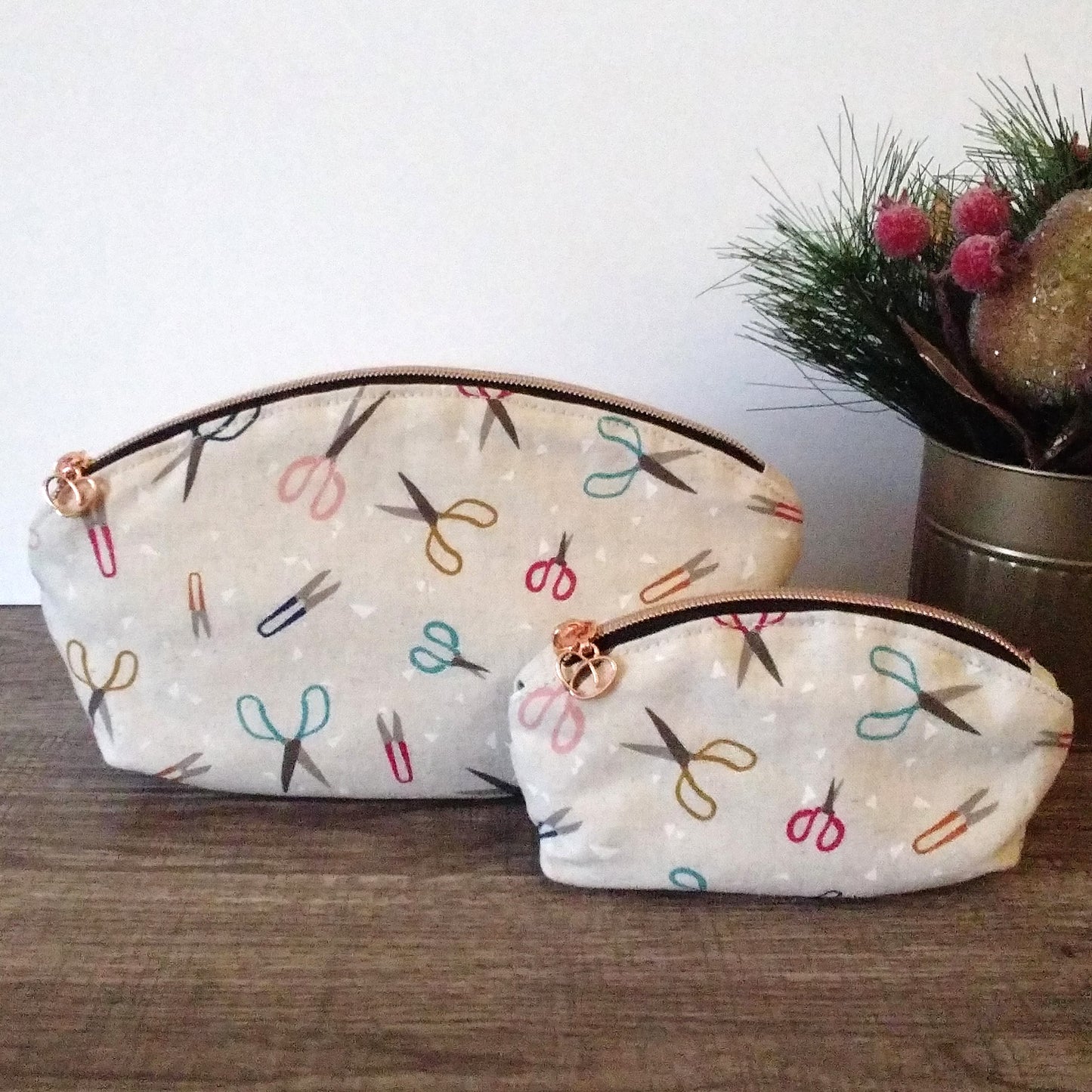 Cream Scissor Print Canvas Makeup Bag