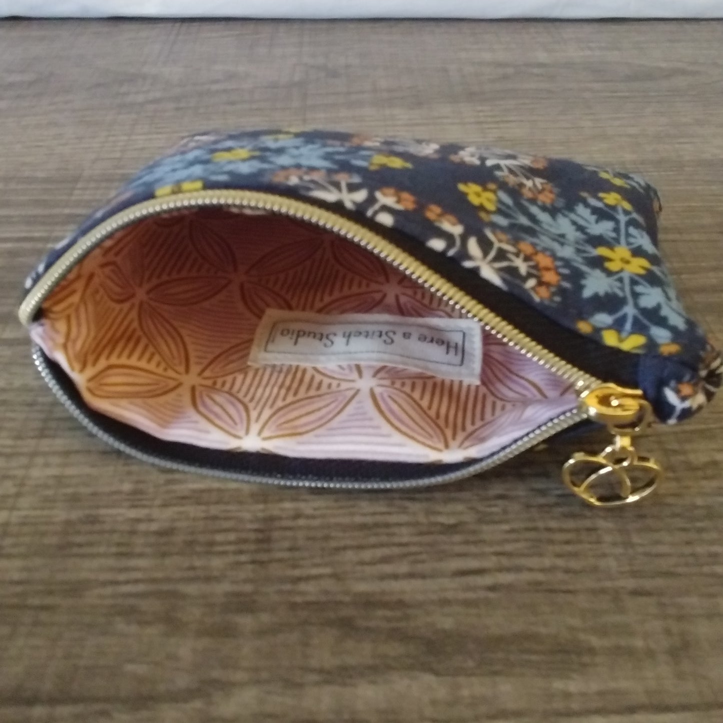 Navy Floral Tile Cotton Zipper Pouch