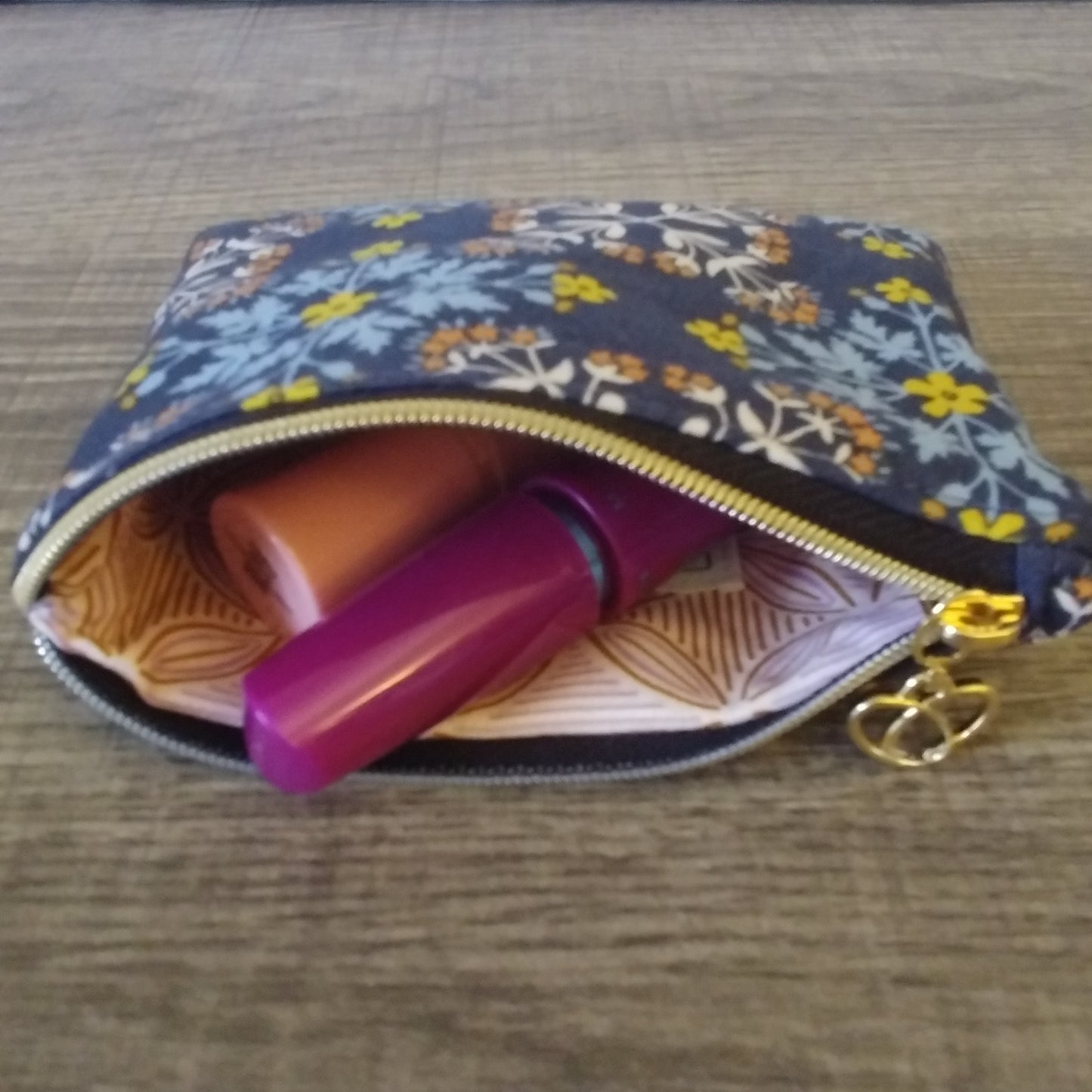 Navy Floral Tile Cotton Zipper Pouch