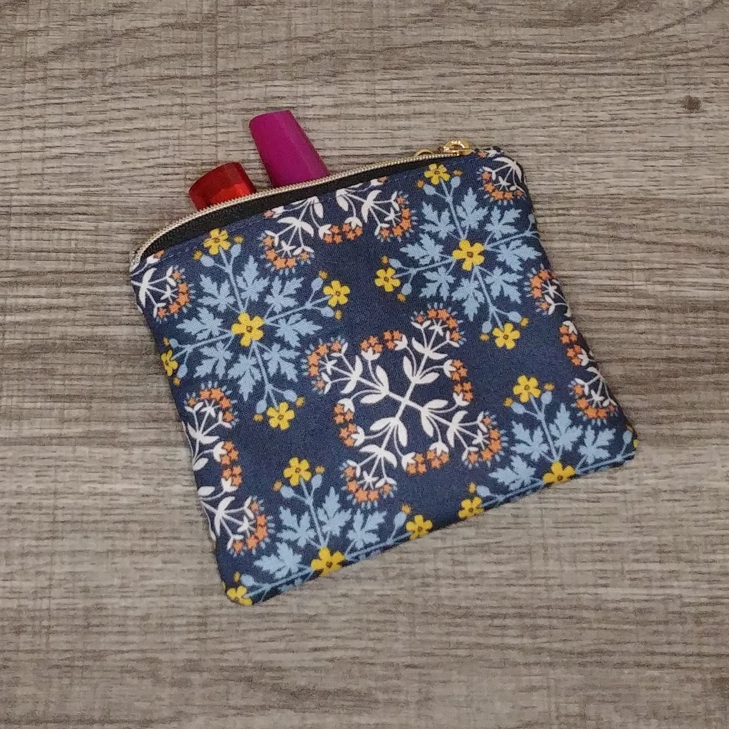Navy Floral Tile Cotton Zipper Pouch