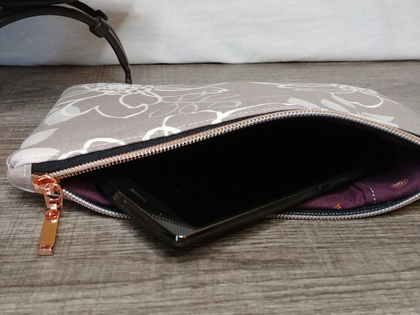 Grey Floral Canvas Wristlet Clutch