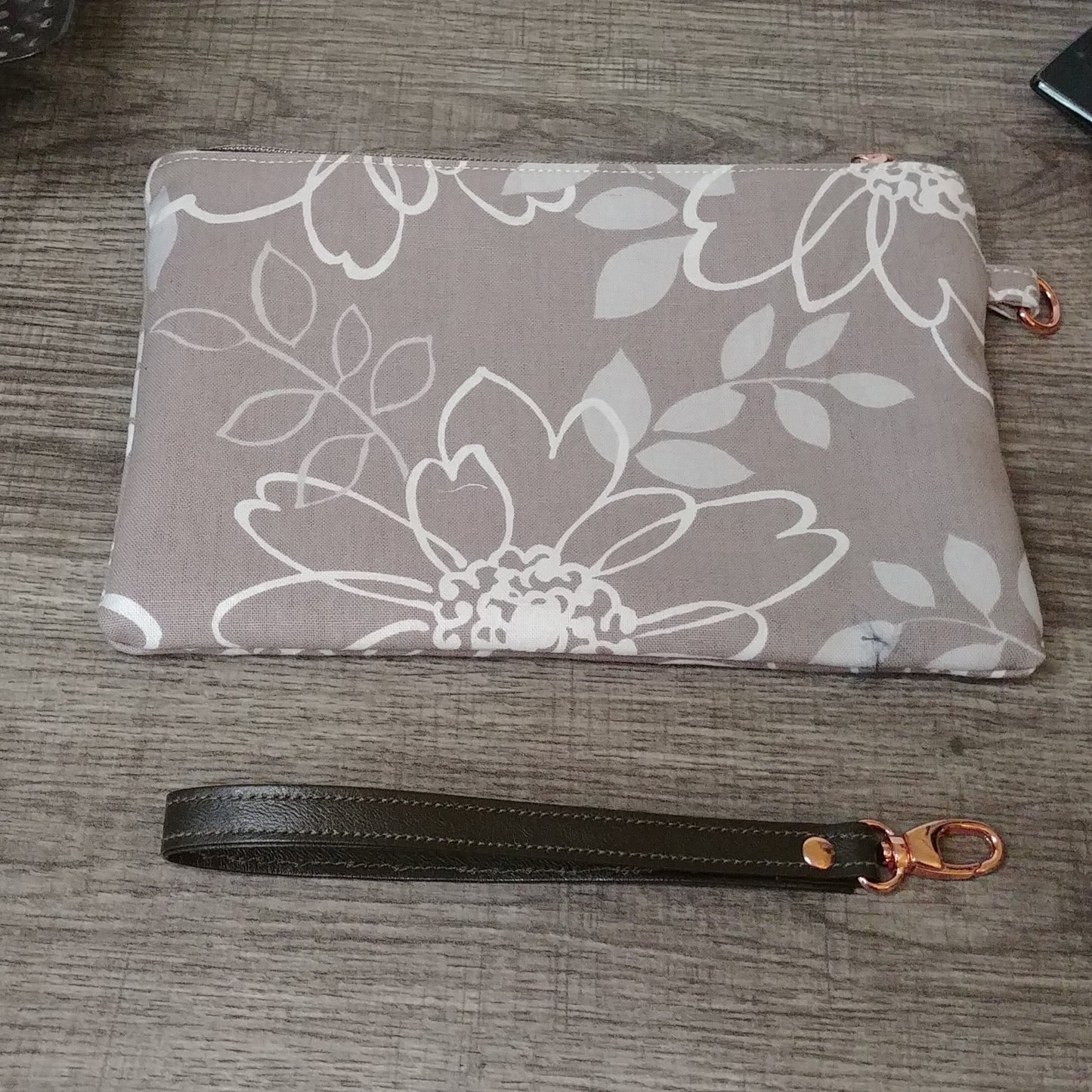 Grey Floral Canvas Wristlet Clutch