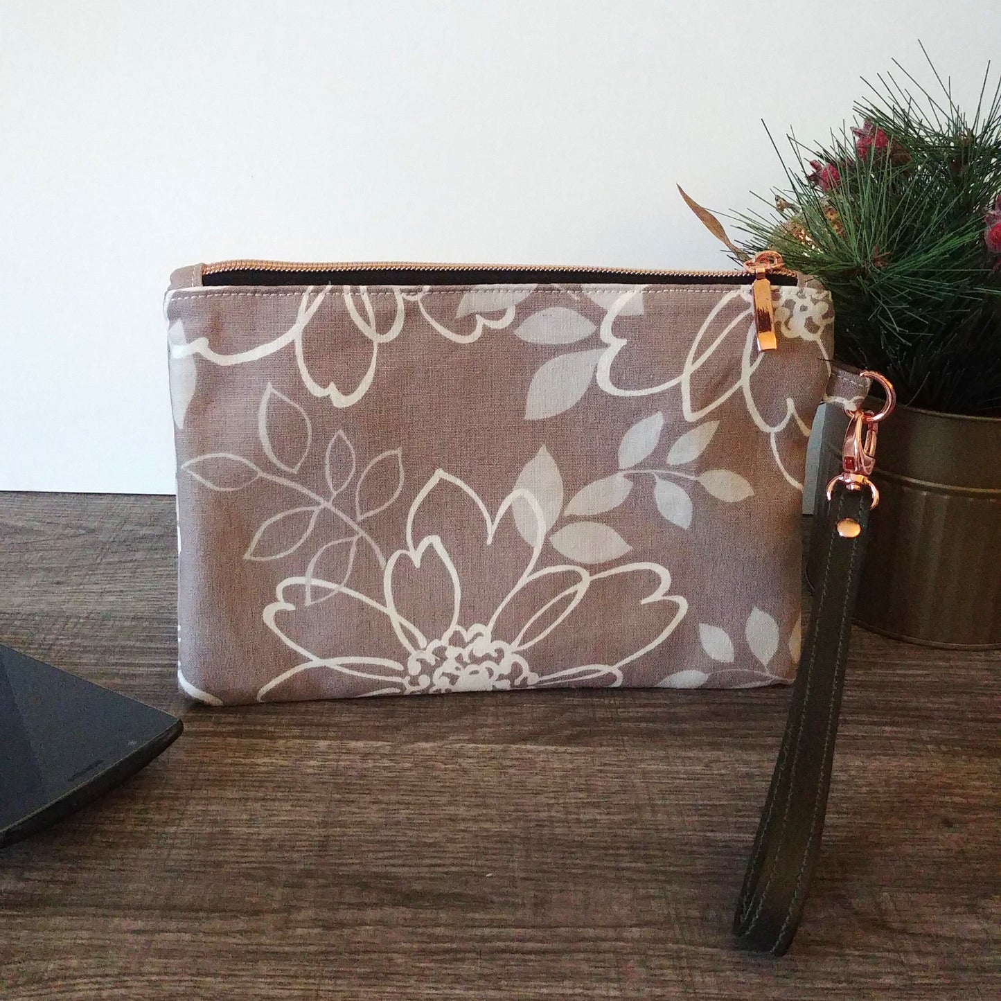 Grey Floral Canvas Wristlet Clutch