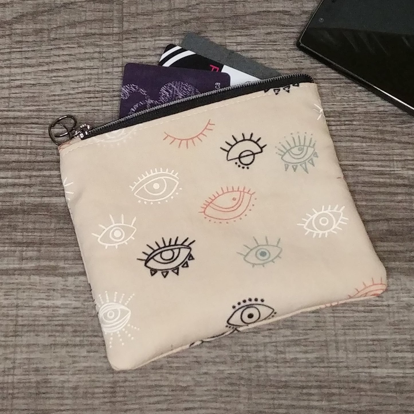 Beige Eye Print Cotton Zipper Pouch