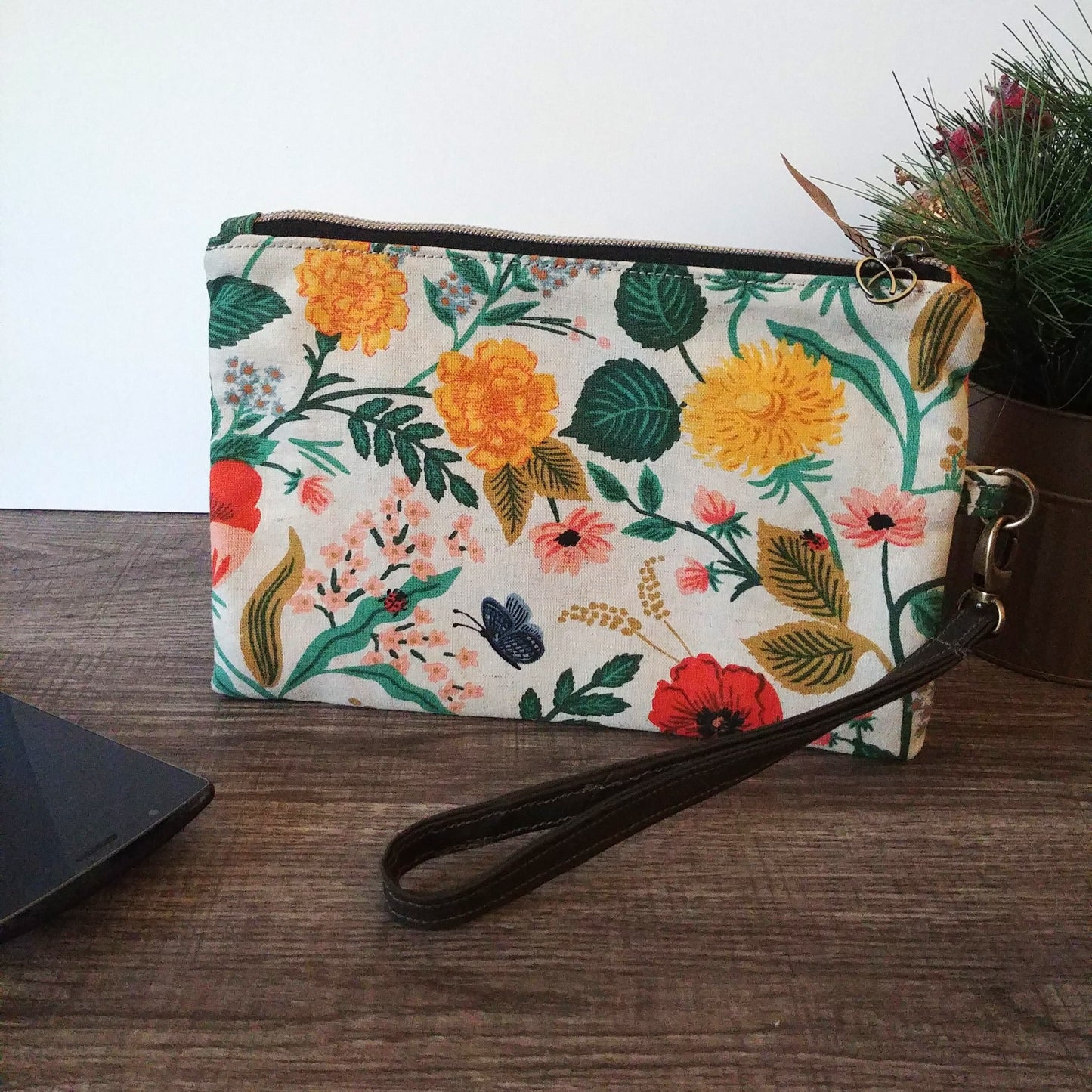 Poppy Floral Natural Canvas Wristlet Clutch