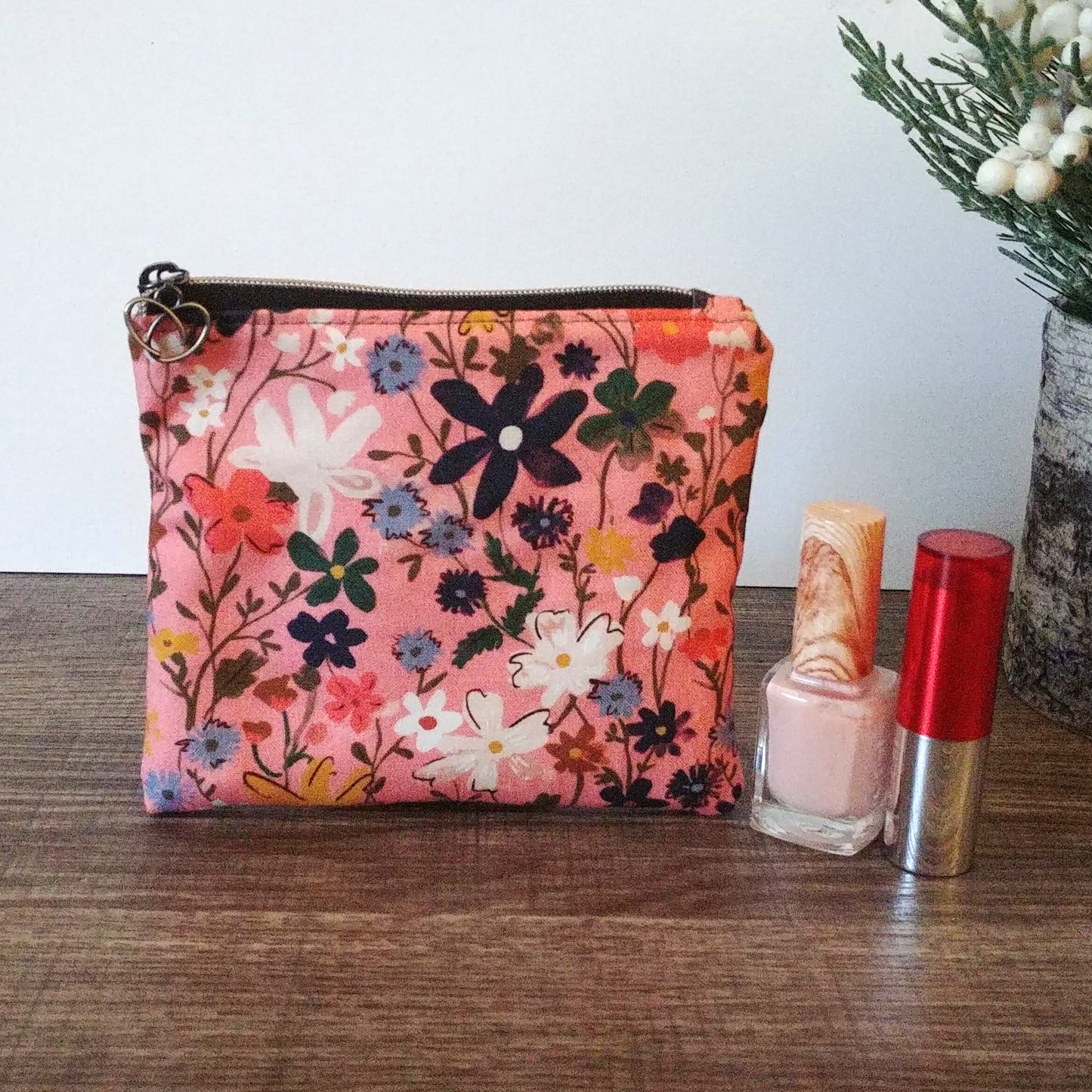 Pink Floral Cotton Zipper Pouch