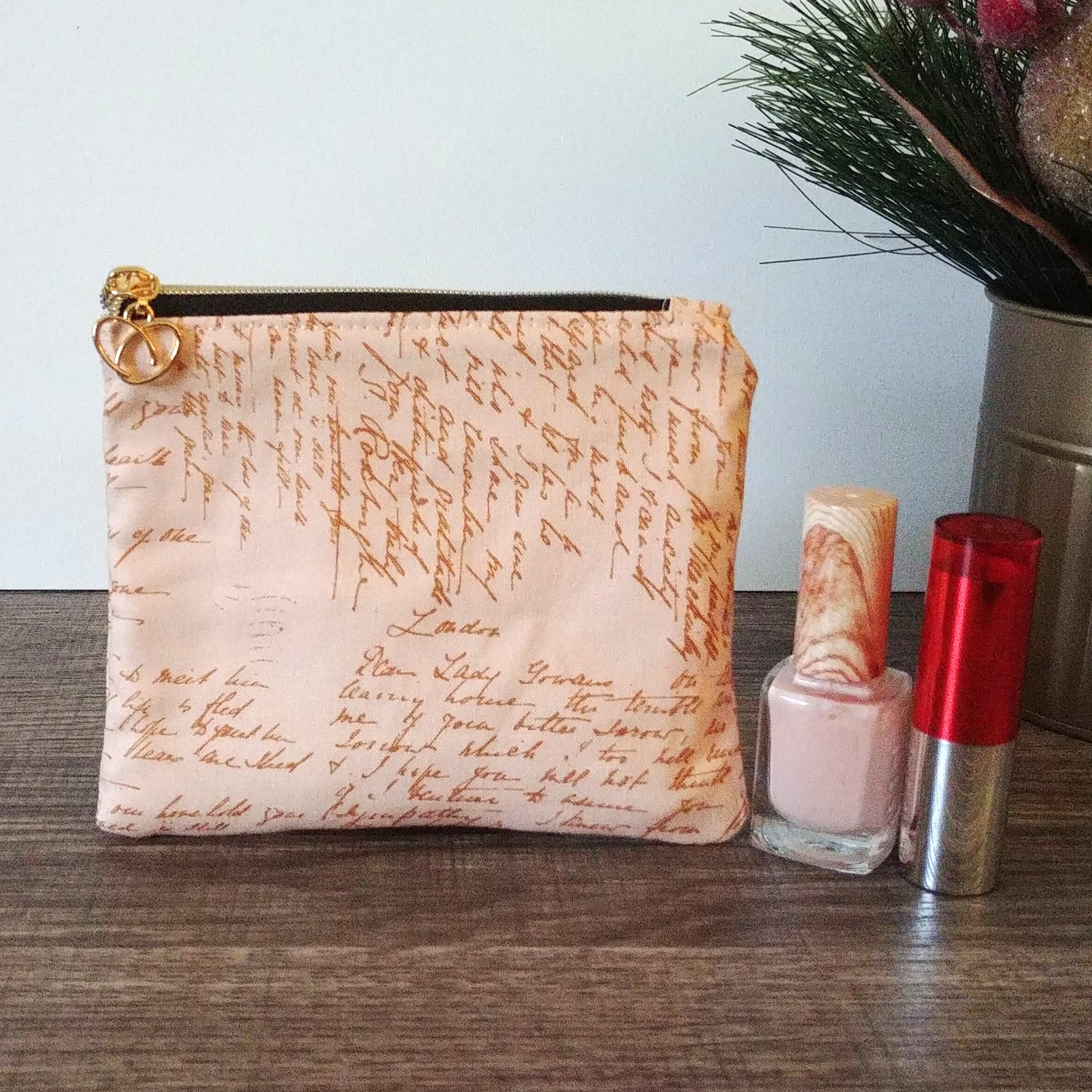 Pink Handwriting Cotton Zipper Pouch