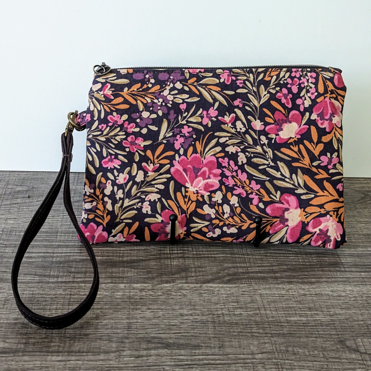 Pink & Olive Floral Canvas Wristlet Clutch