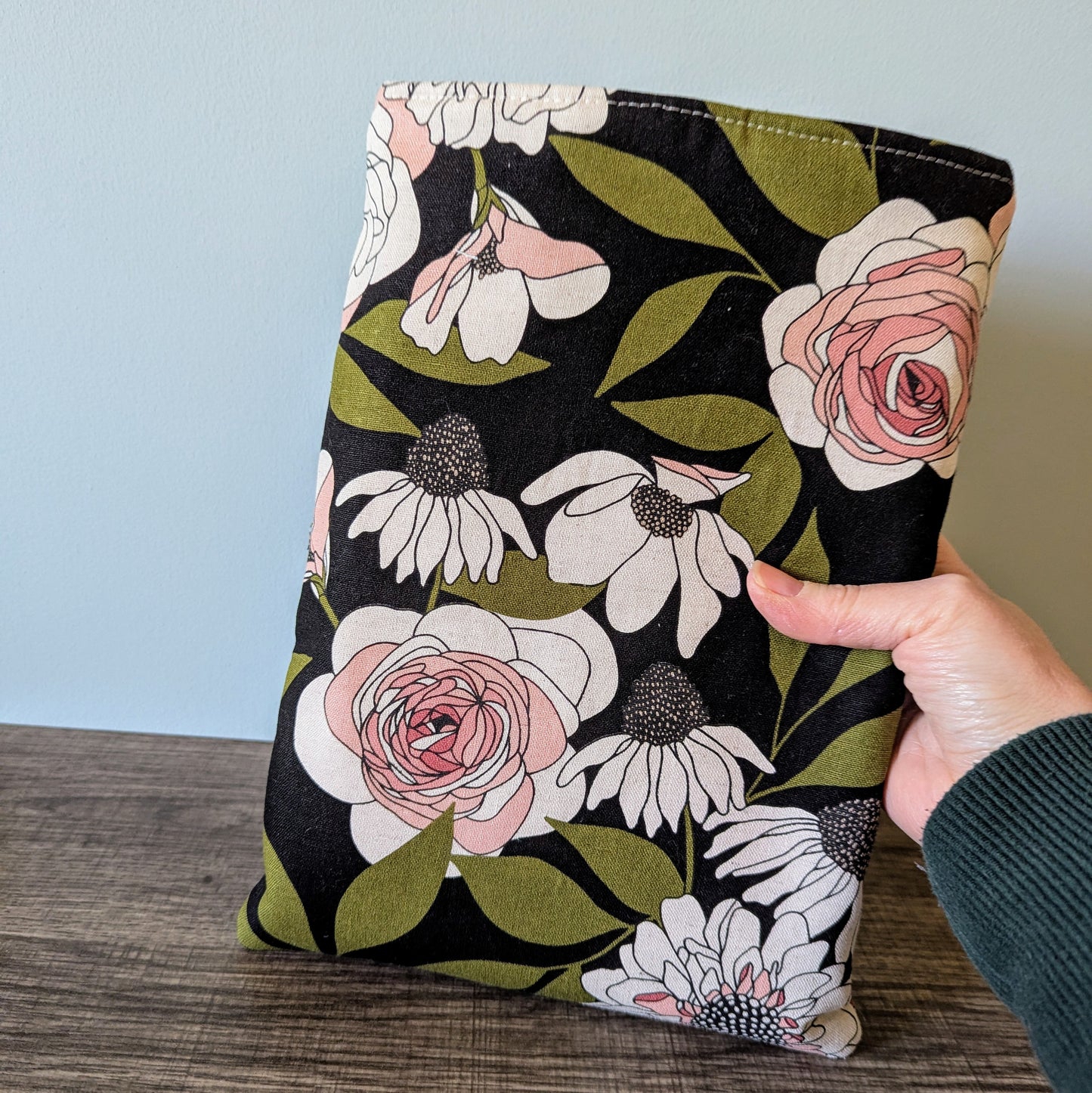 Black Floral Linen Canvas Book Sleeve