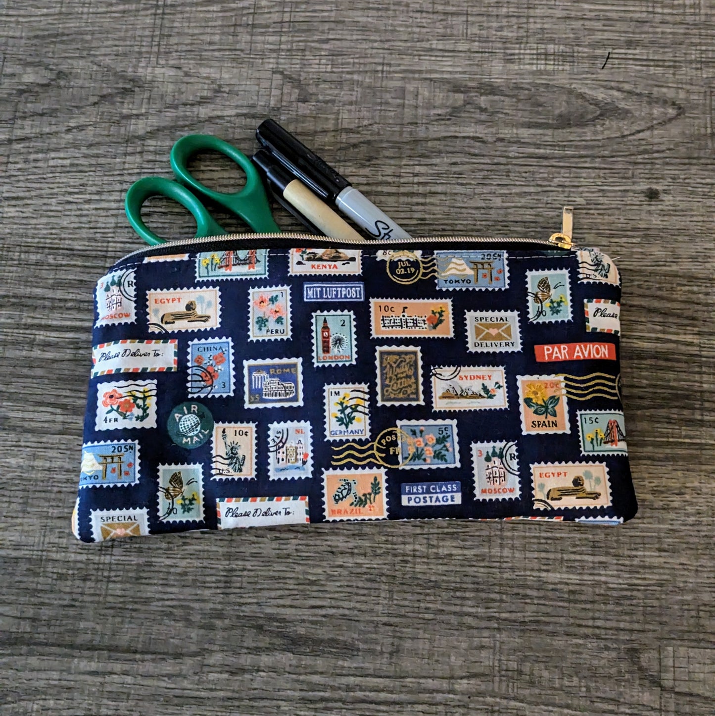 Navy Stamp Cotton Zipper Pouch