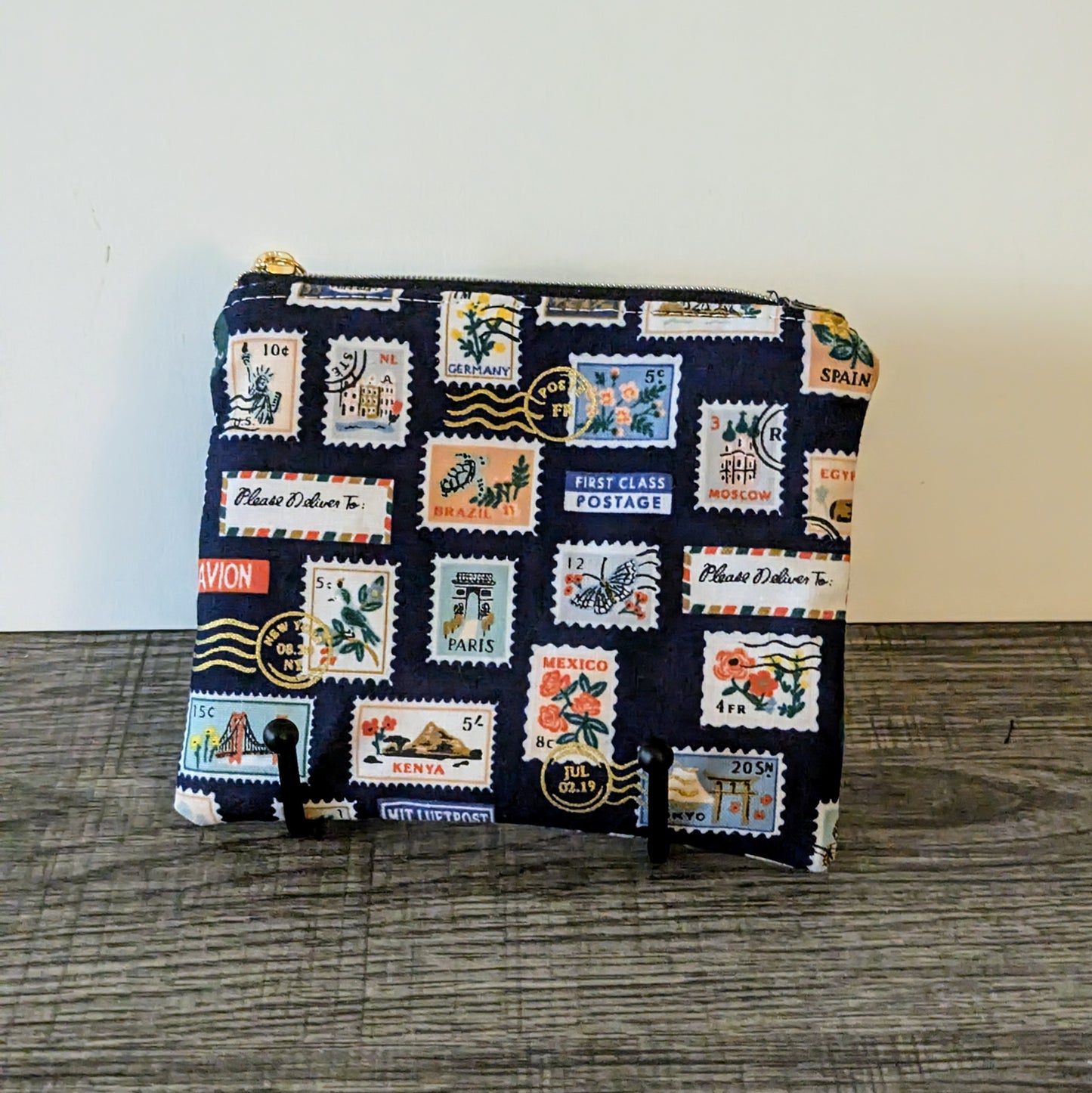 Navy Stamp Cotton Zipper Pouch