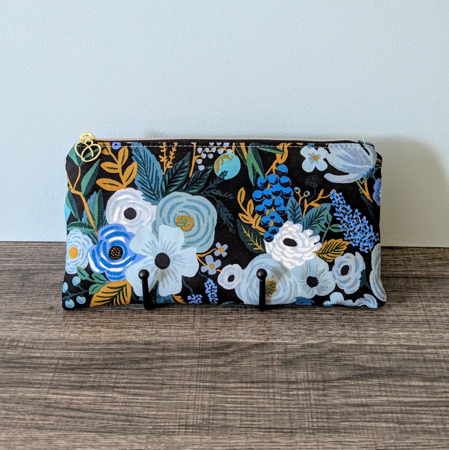 Dark Blue Floral Cotton Zipper Pouch