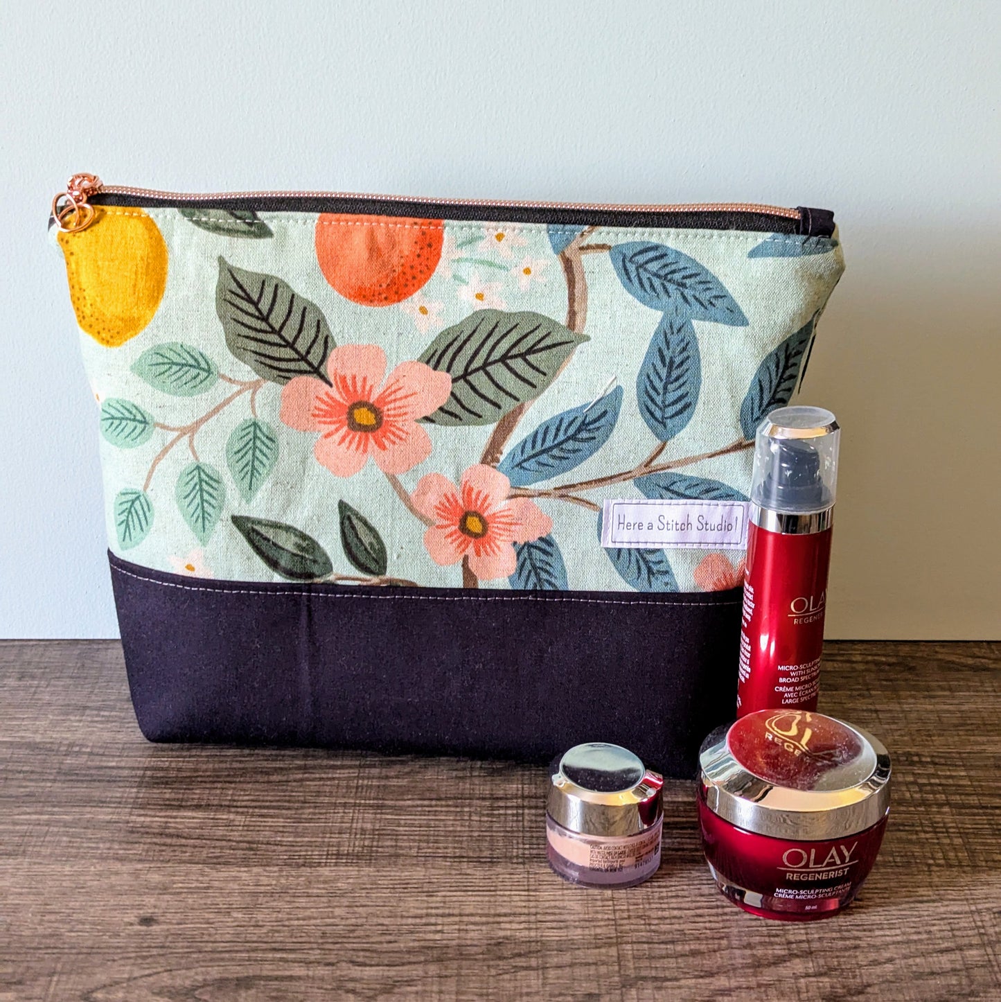 Large Citrus Floral Mint Canvas Zipper Bag