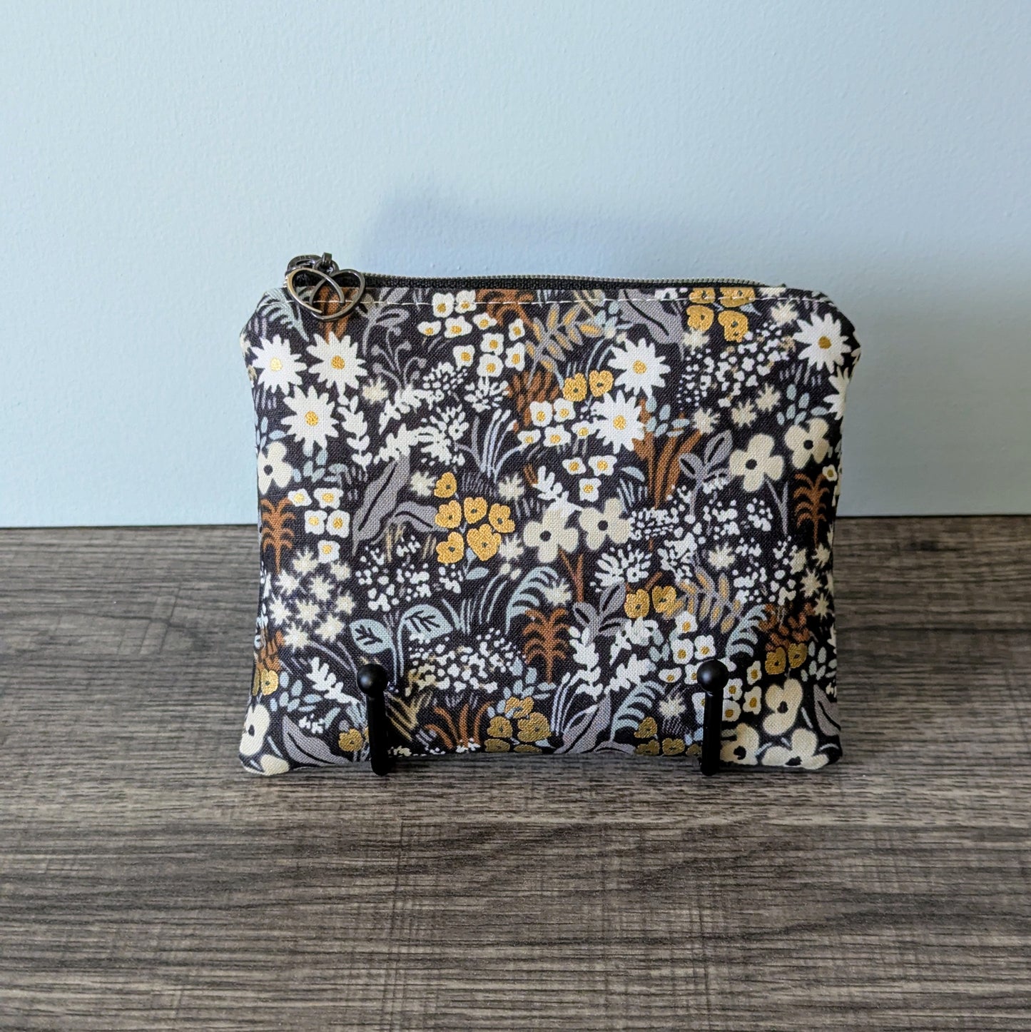 Dark Grey Floral Cotton Zipper Pouch