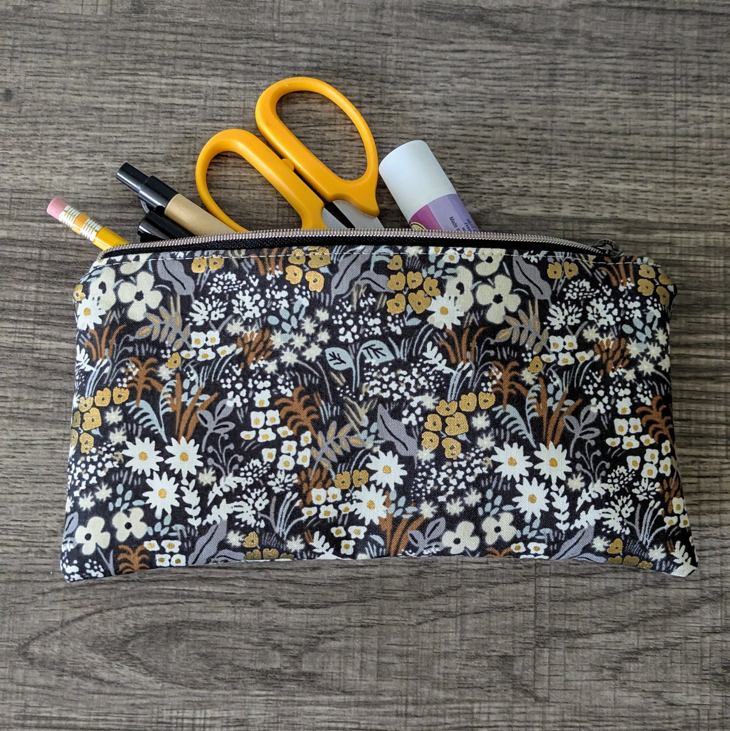 Dark Grey Floral Cotton Zipper Pouch