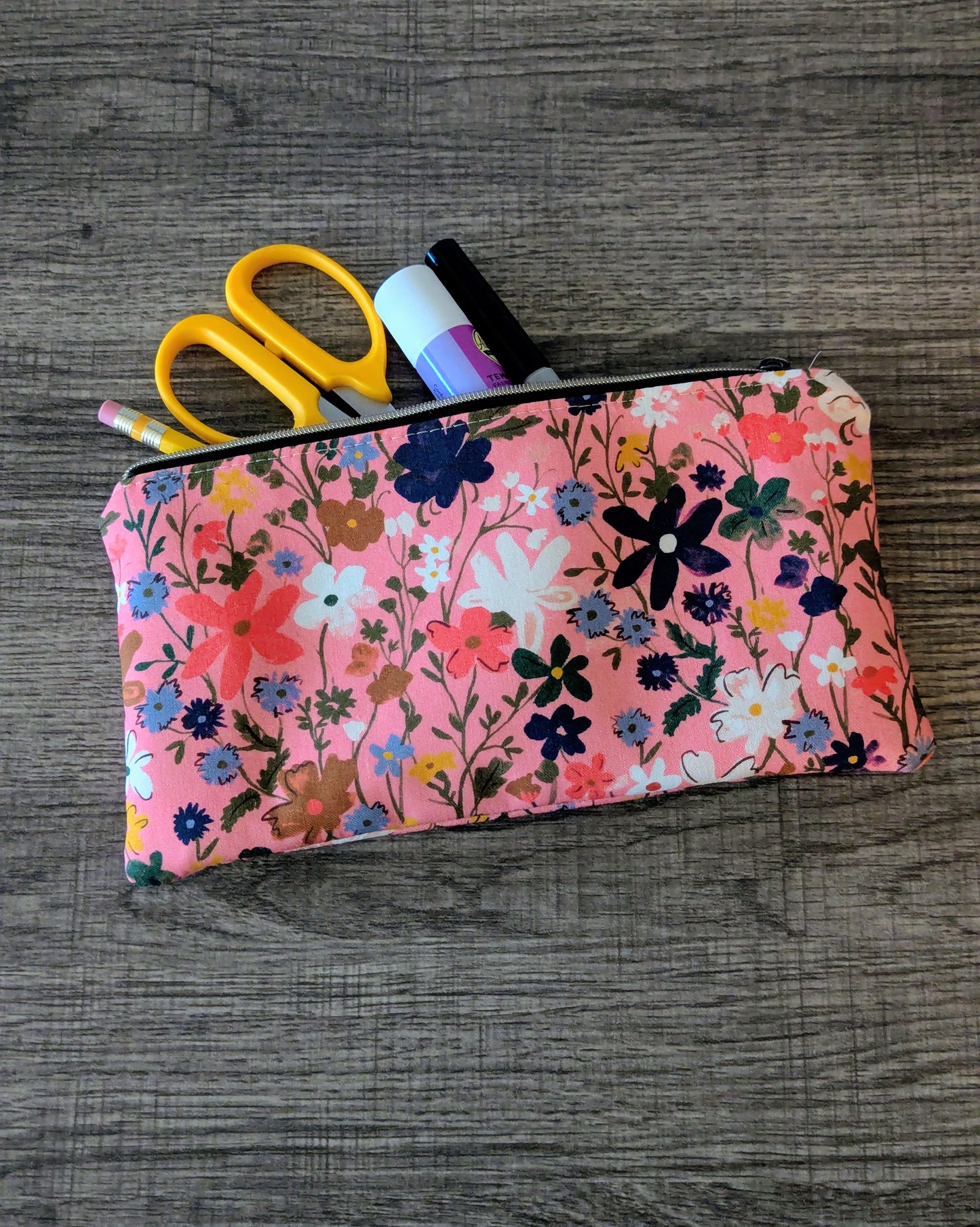 Pink Floral Cotton Zipper Pouch