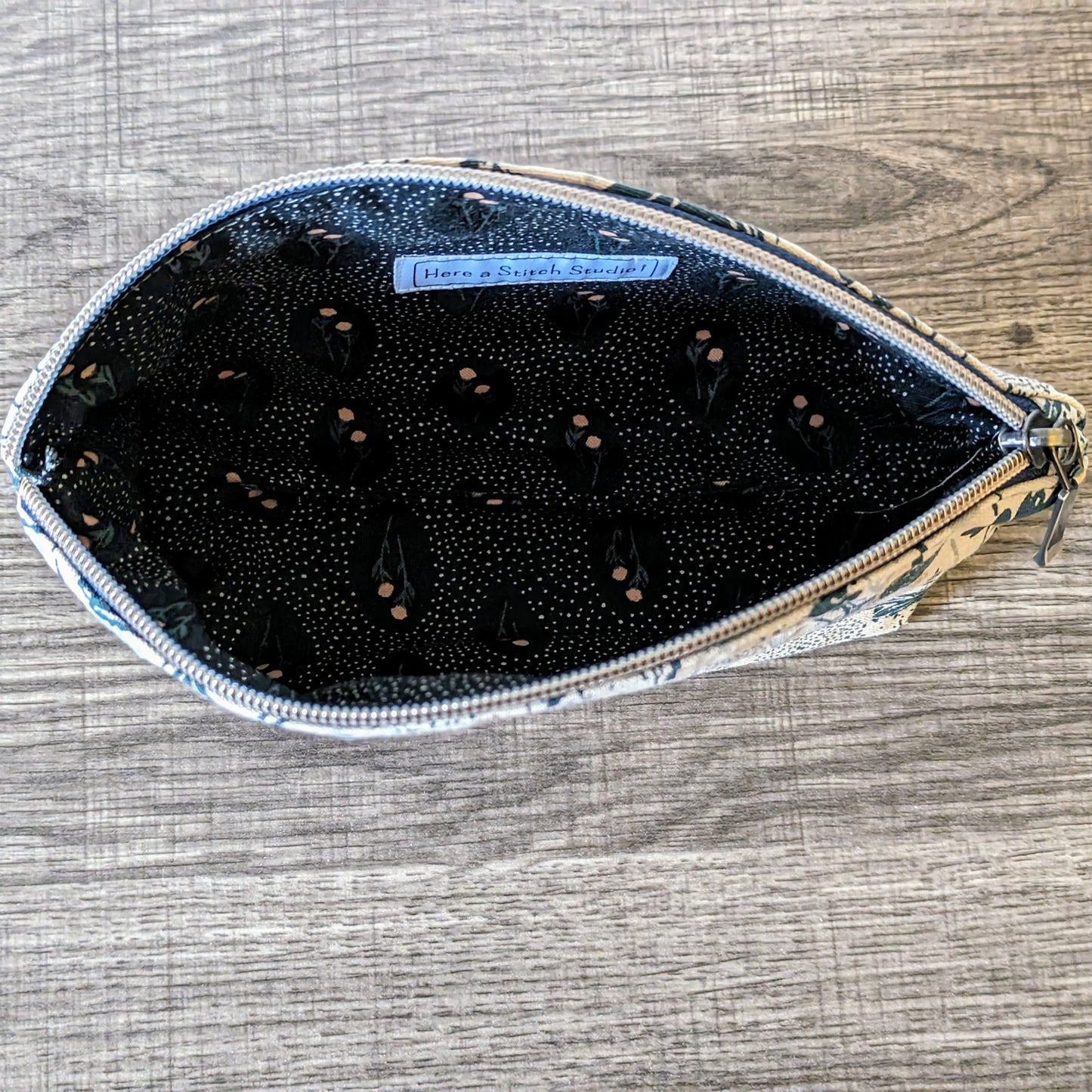 Marine Blue Floral Canvas Makeup Bag