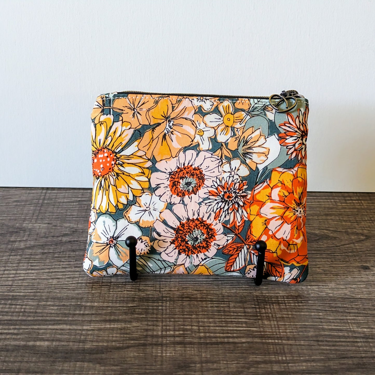 Orange & Green Floral Cotton Zipper Pouch