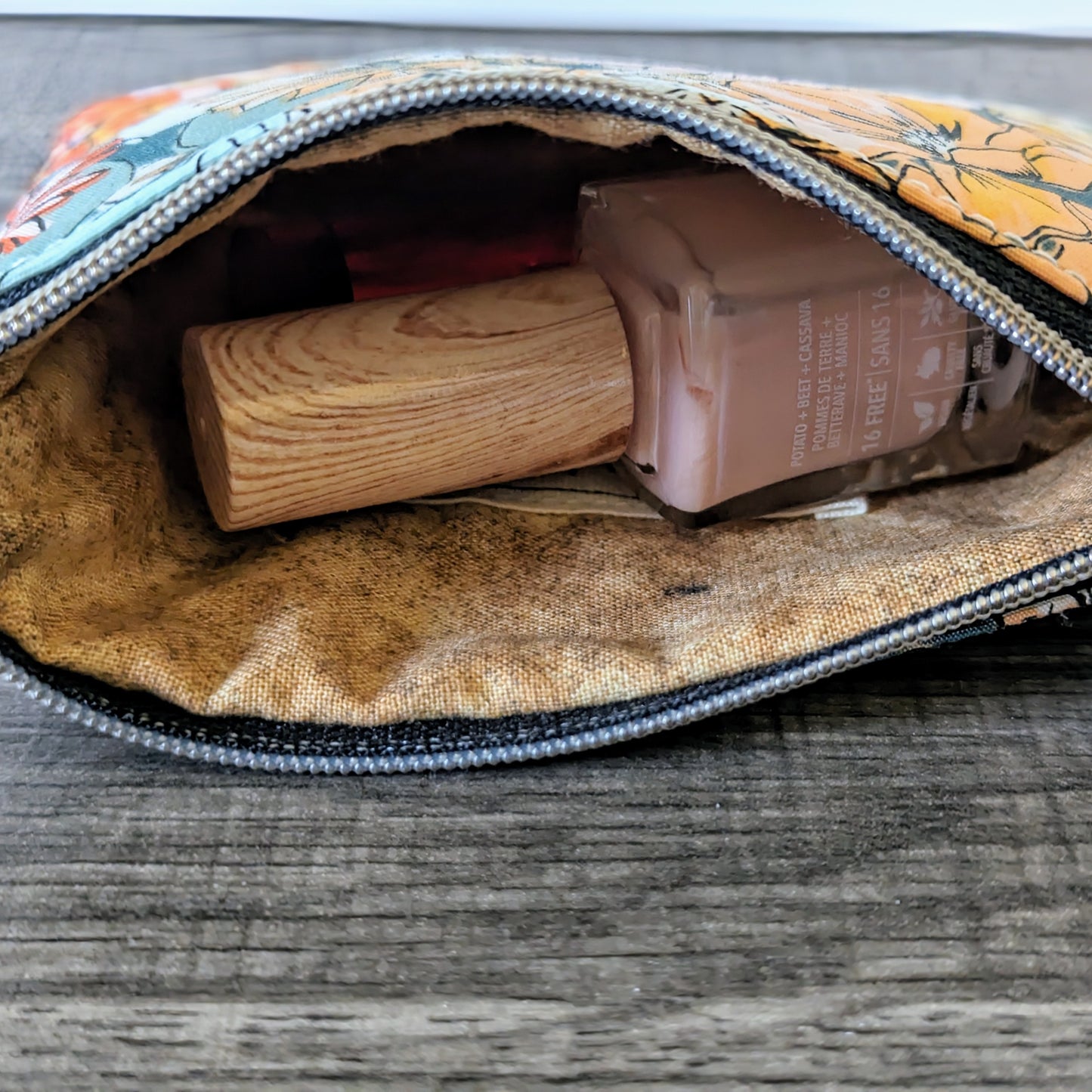 Orange & Green Floral Cotton Zipper Pouch