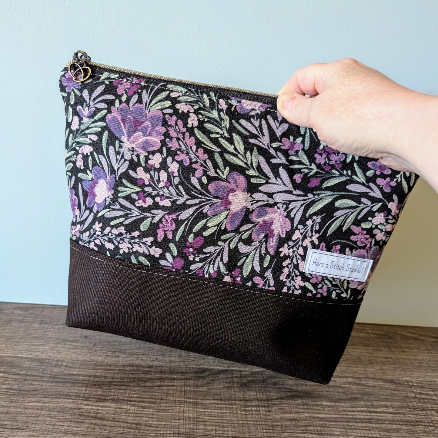 Large Purple Floral Canvas Zipper Bag