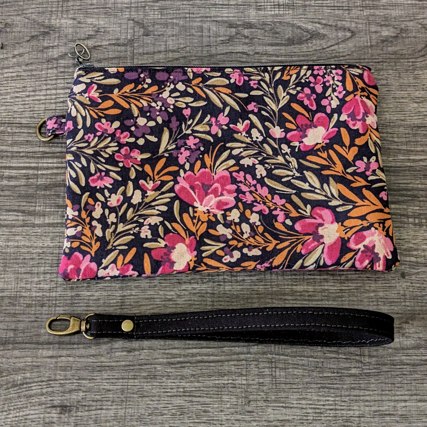 Pink & Olive Floral Canvas Wristlet Clutch
