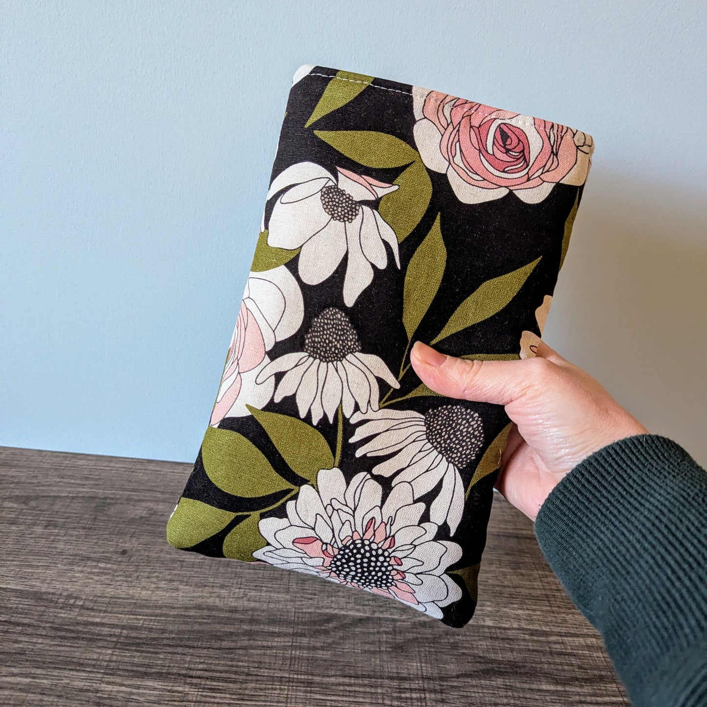 Black Floral Linen Canvas Book Sleeve