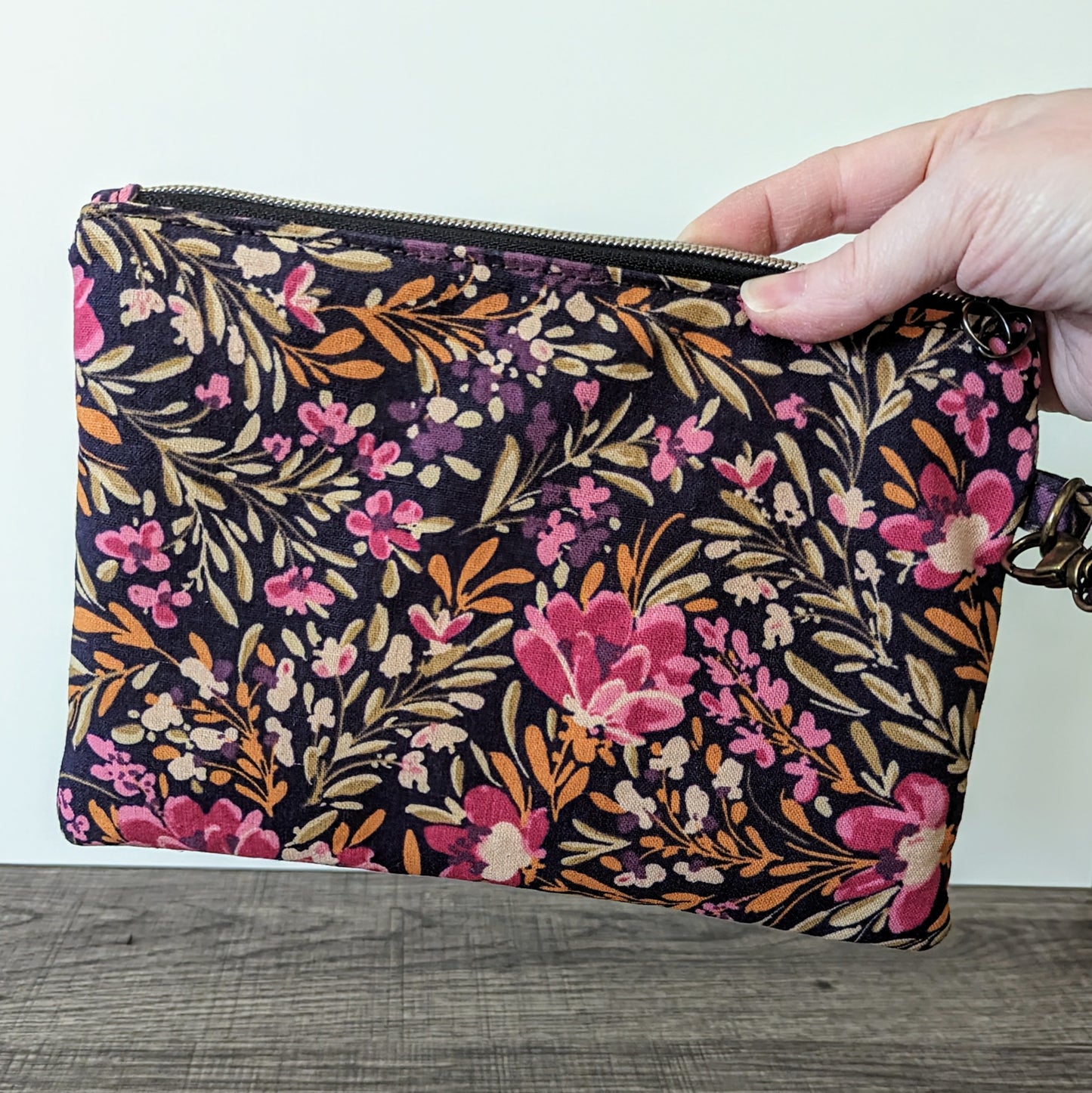 Pink & Olive Floral Canvas Wristlet Clutch