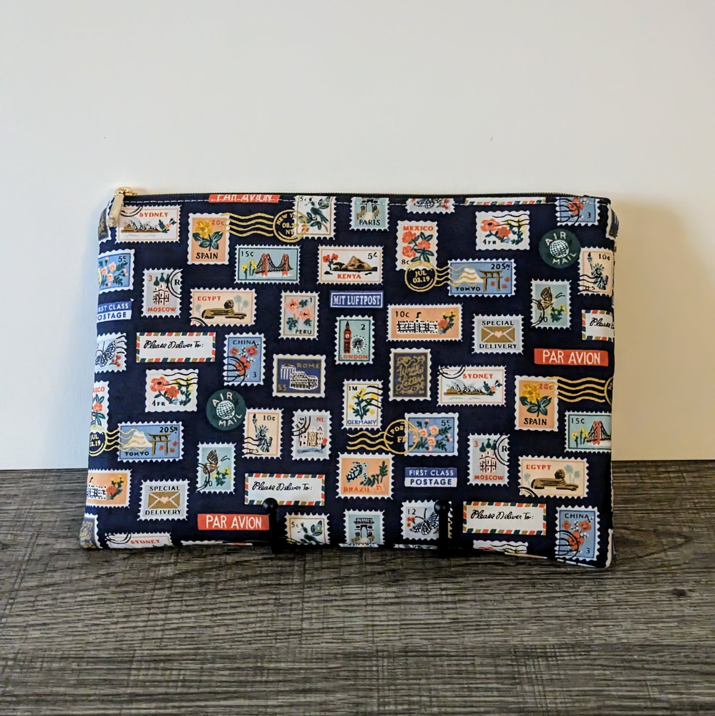 Navy Stamp Cotton Zipper Pouch