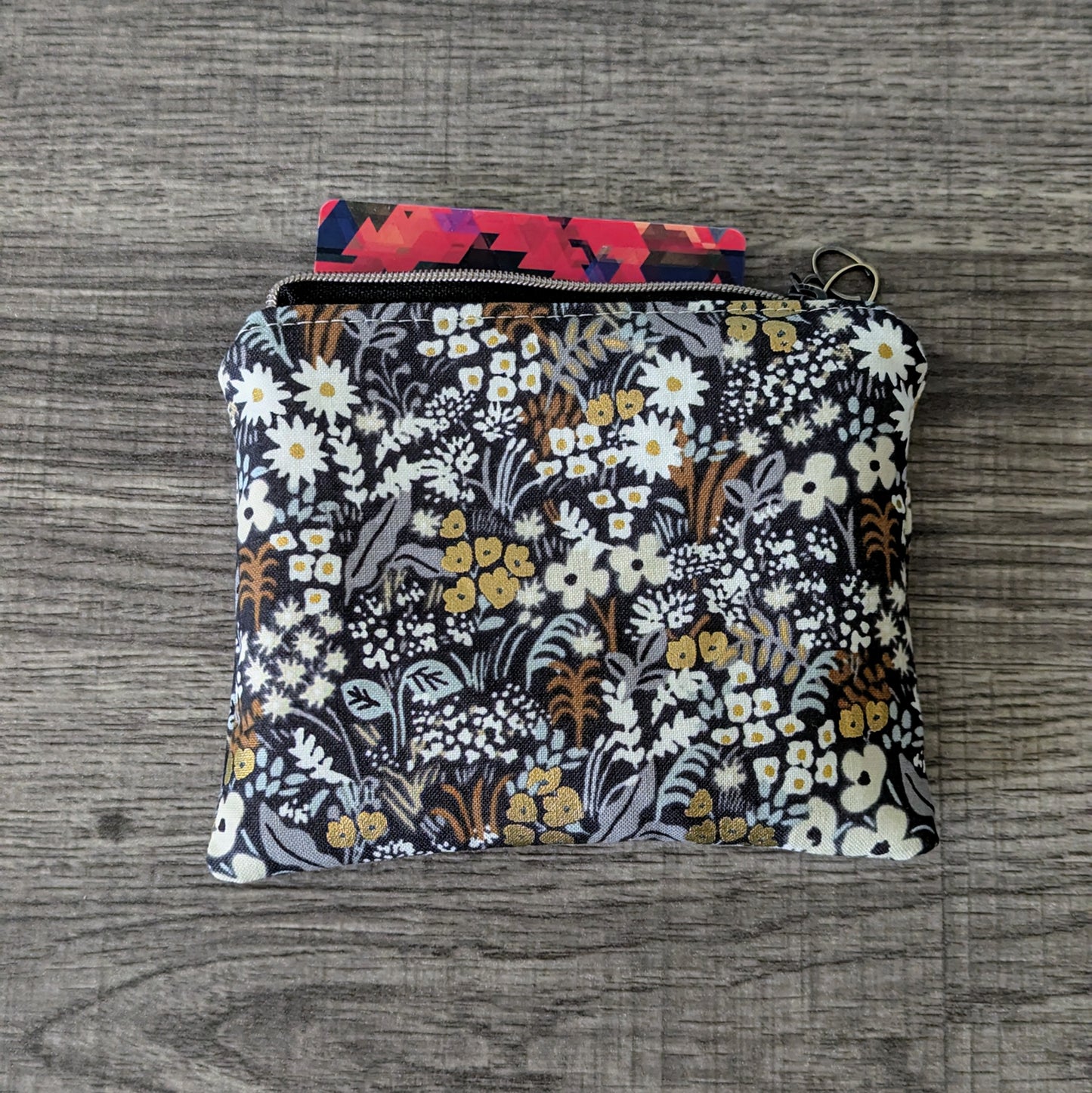 Dark Grey Floral Cotton Zipper Pouch