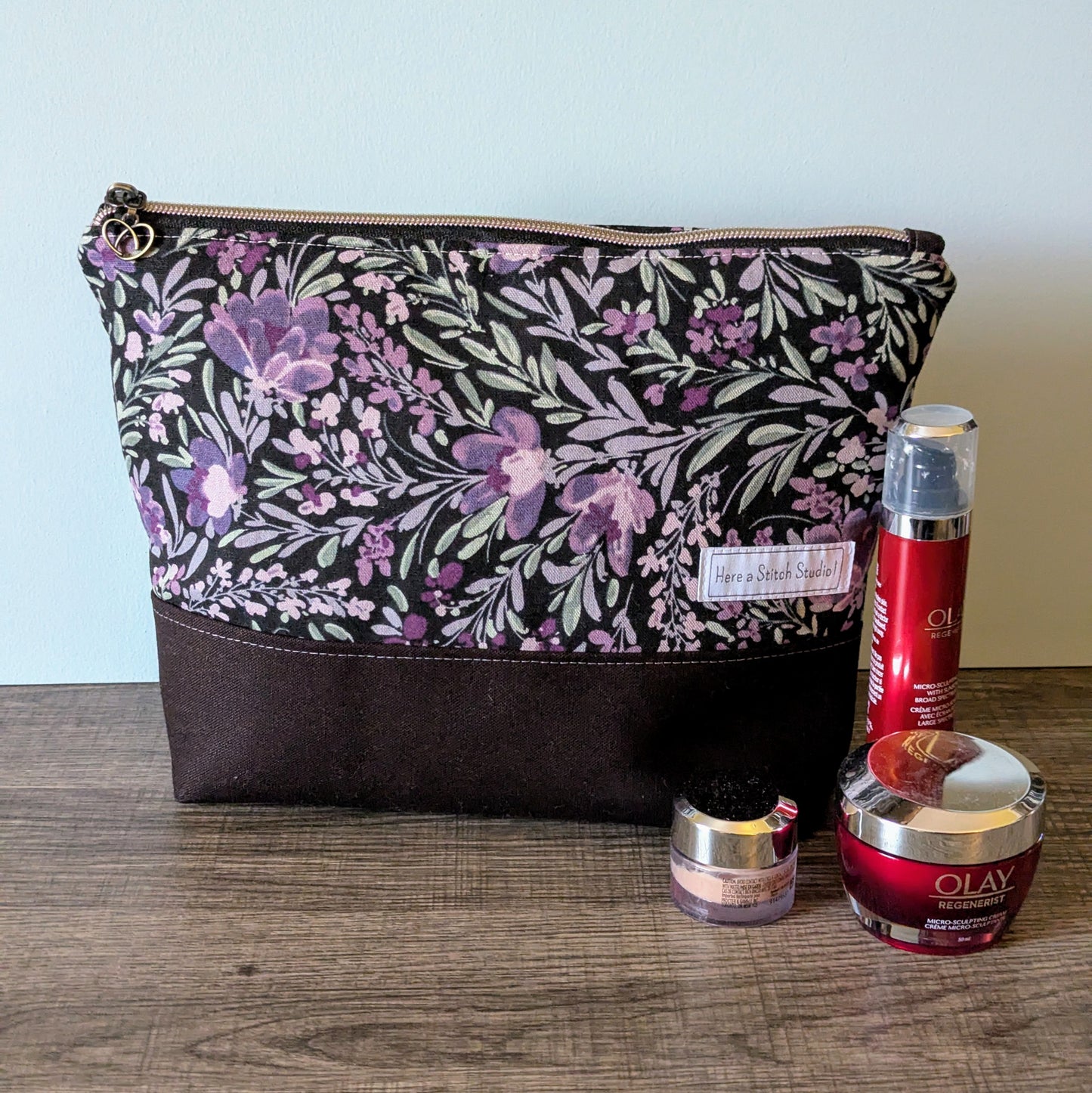 Large Purple Floral Canvas Zipper Bag