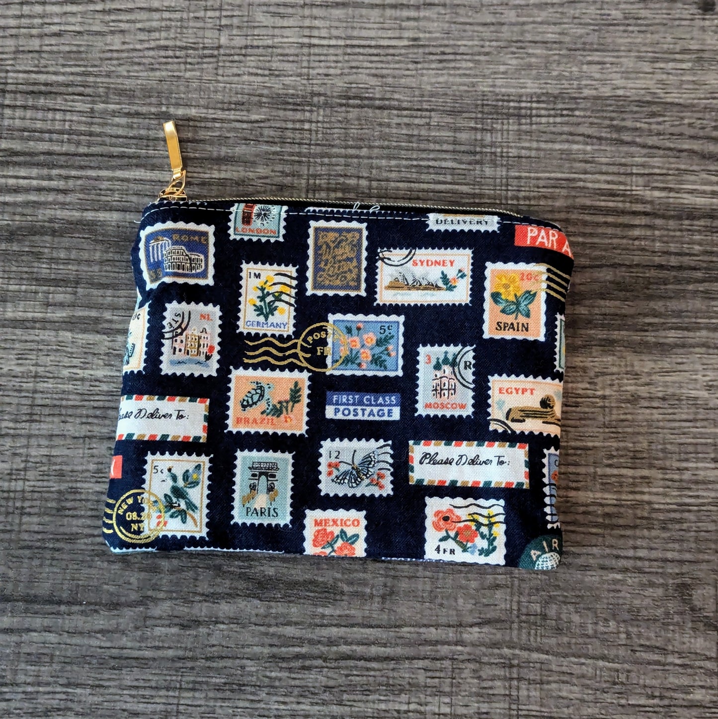 Navy Stamp Cotton Zipper Pouch