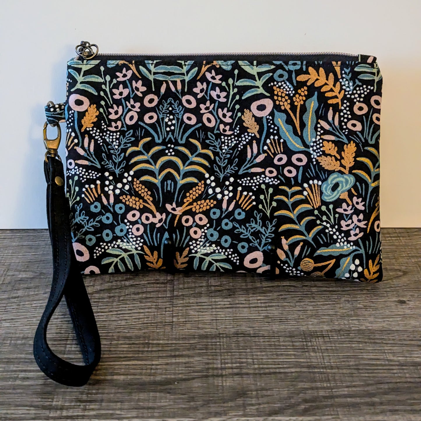 Black Menagerie Floral Canvas Wristlet Clutch