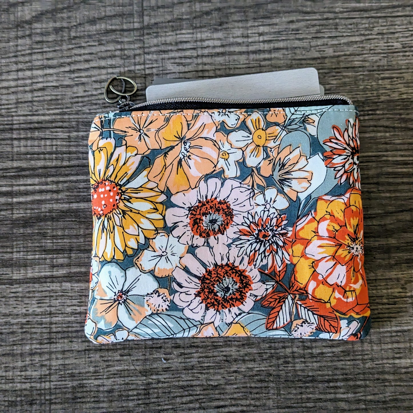 Orange & Green Floral Cotton Zipper Pouch