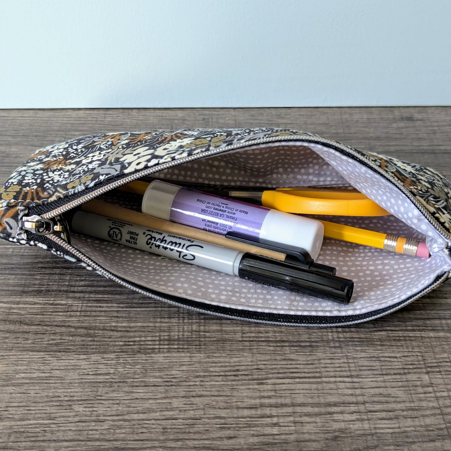 Dark Grey Floral Cotton Zipper Pouch