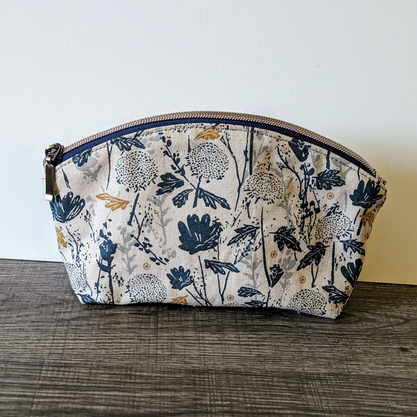 Marine Blue Floral Canvas Makeup Bag