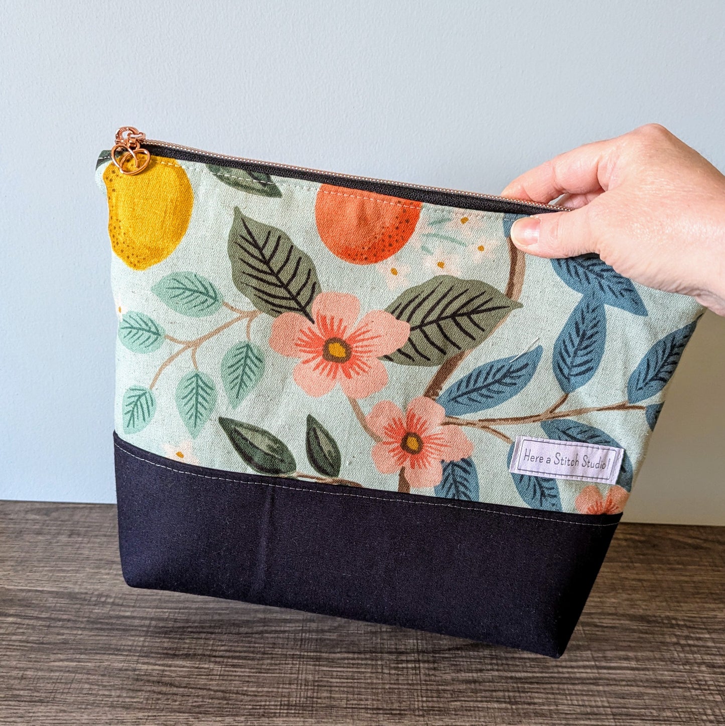 Large Citrus Floral Mint Canvas Zipper Bag