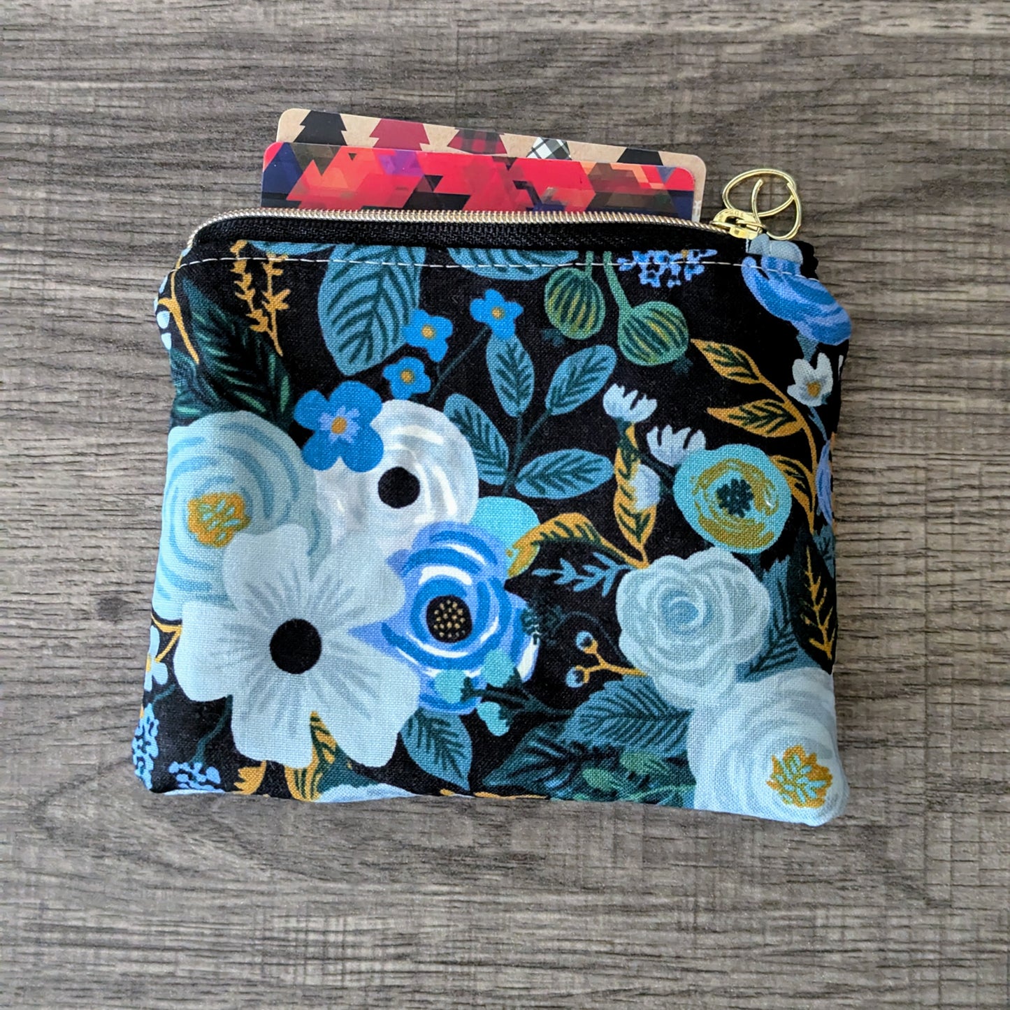 Dark Blue Floral Cotton Zipper Pouch