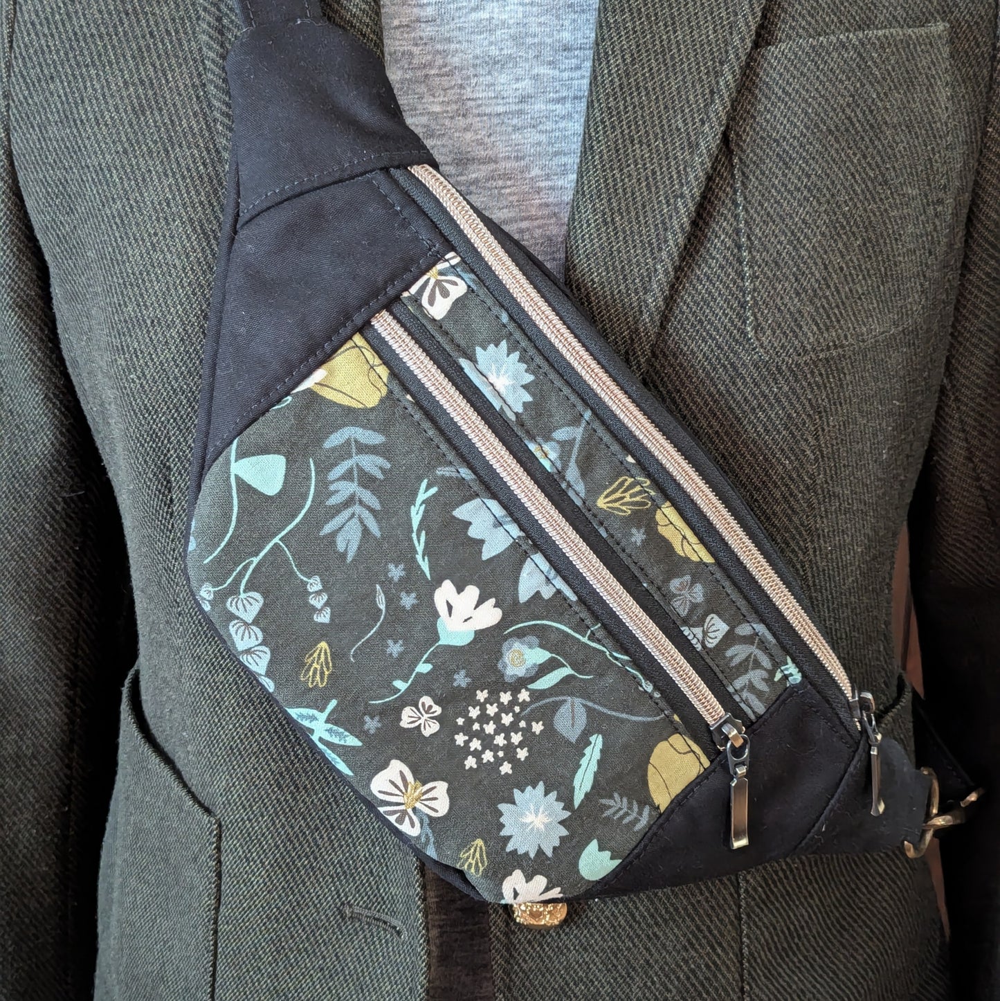 Dark Floral Canvas Sling Bag