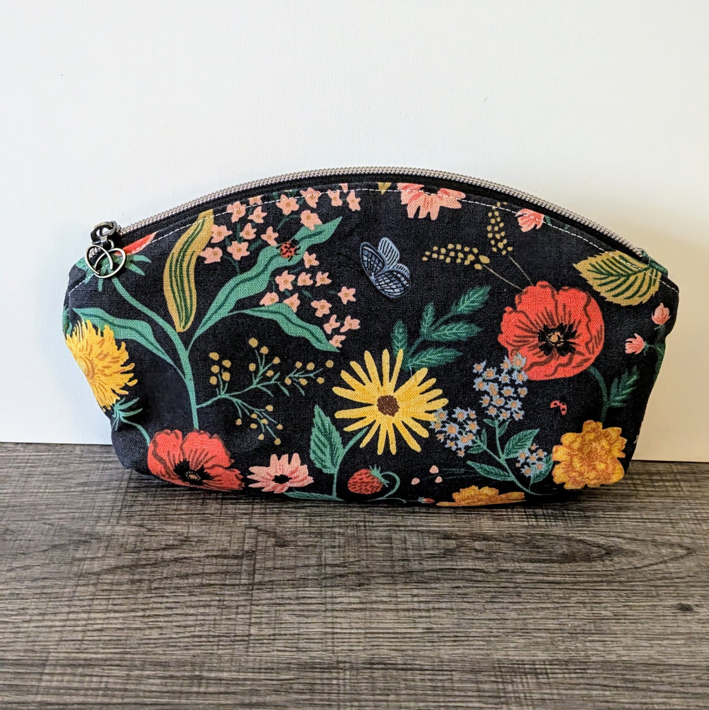 Poppy Floral Black Canvas Makeup Bag