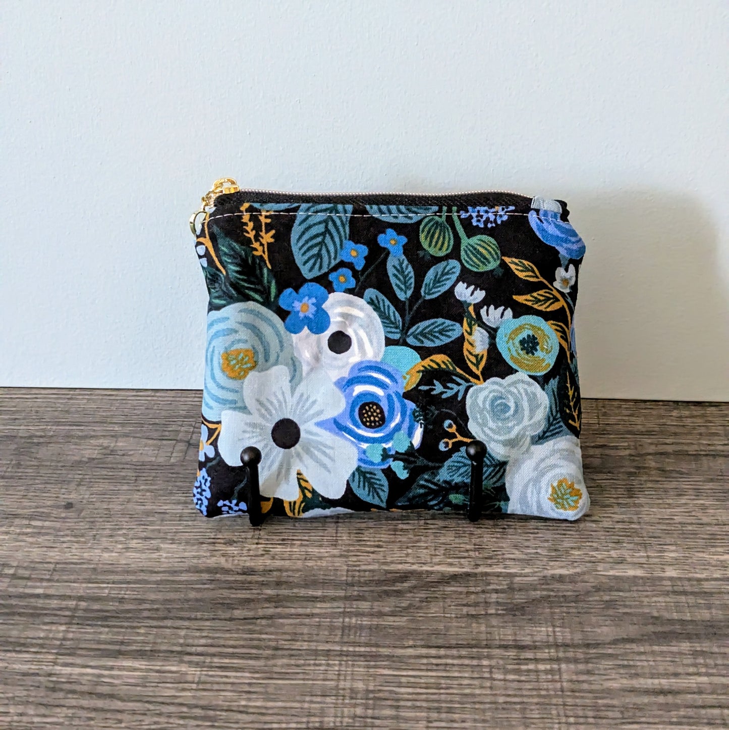 Dark Blue Floral Cotton Zipper Pouch