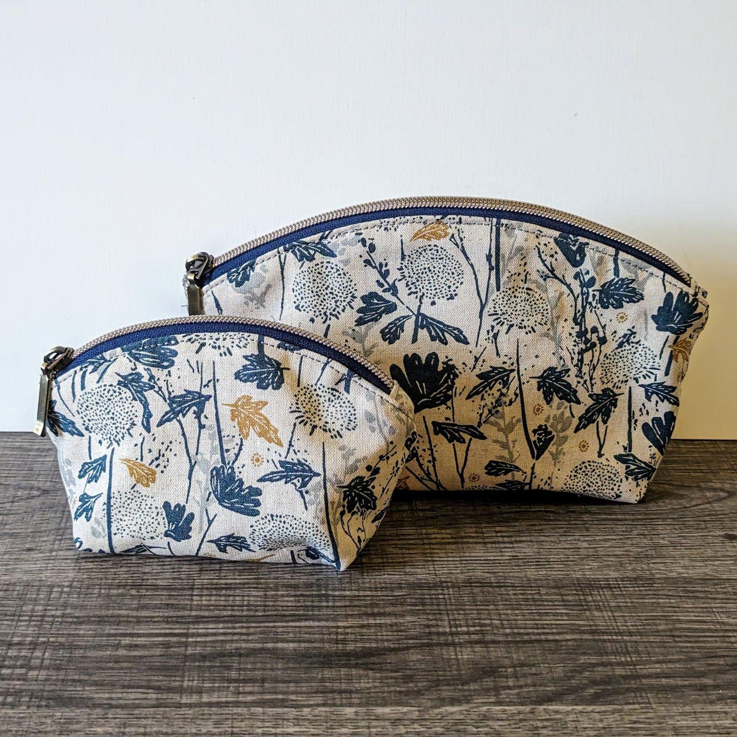Marine Blue Floral Canvas Makeup Bag