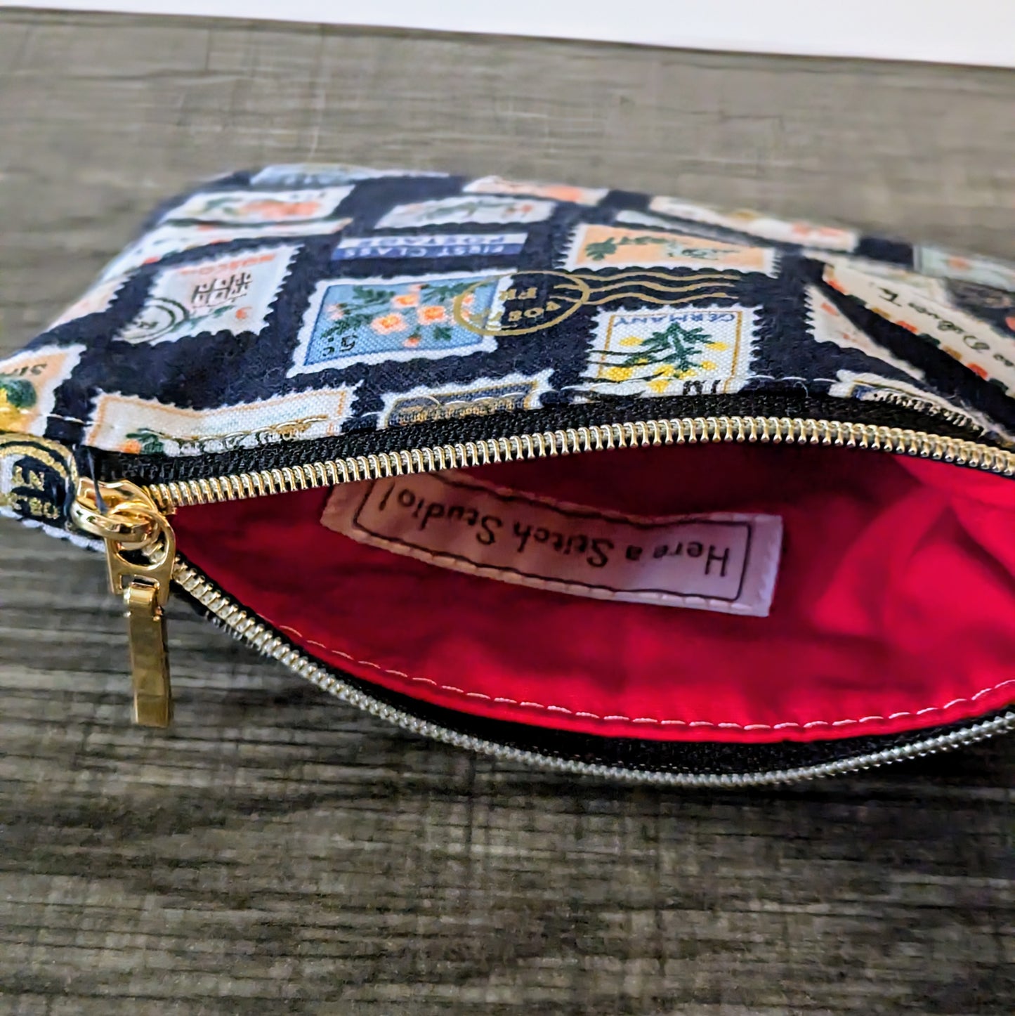 Navy Stamp Cotton Zipper Pouch