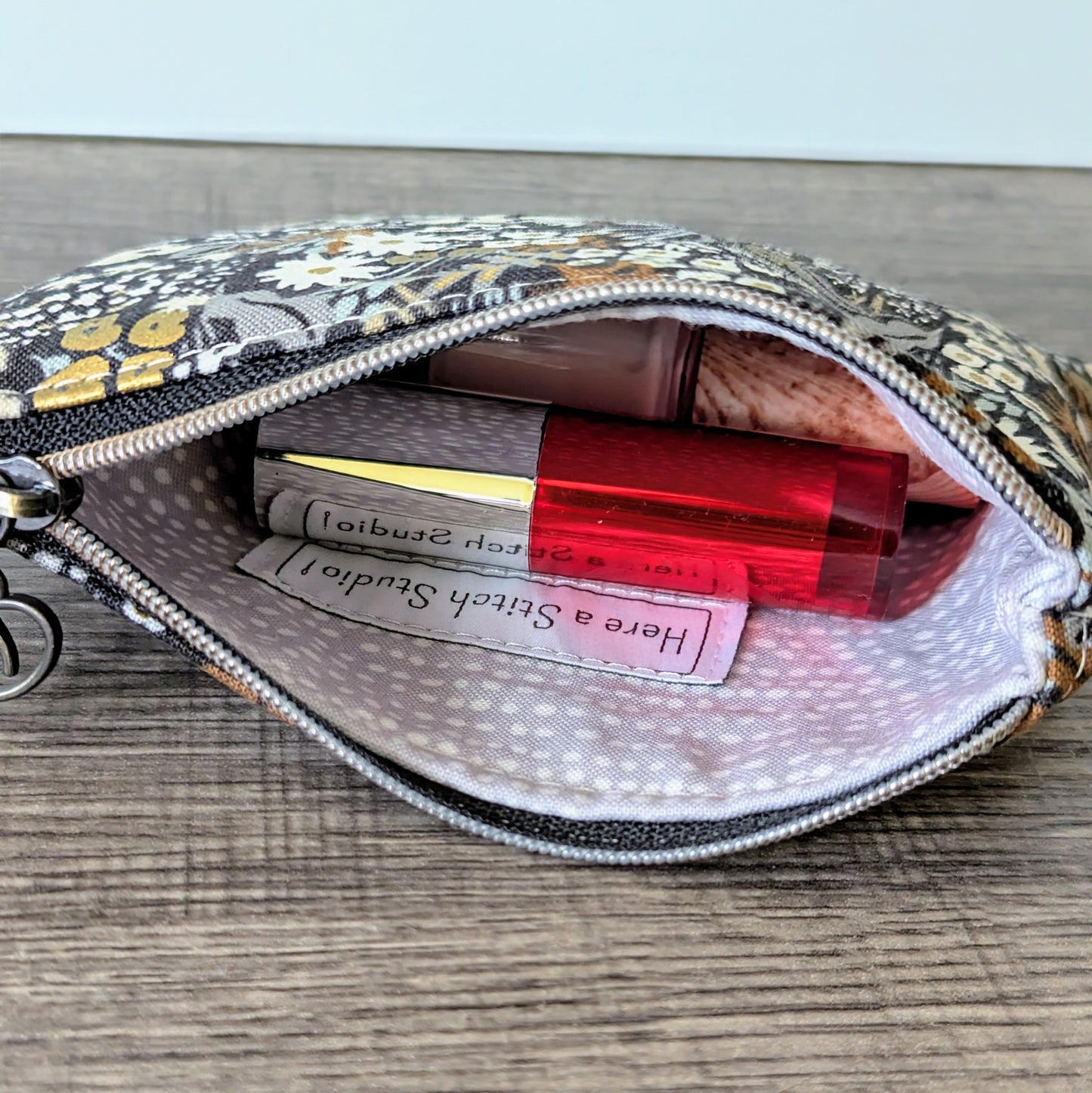 Dark Grey Floral Cotton Zipper Pouch
