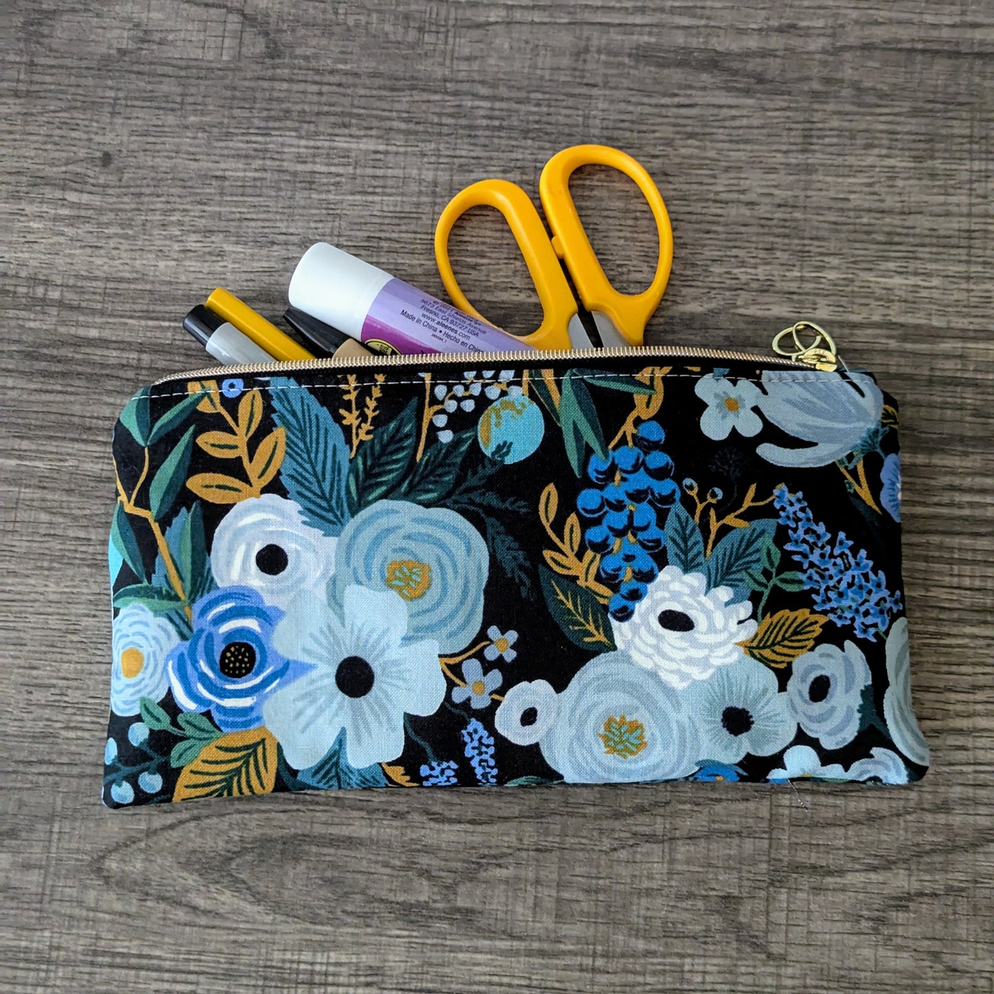 Dark Blue Floral Cotton Zipper Pouch