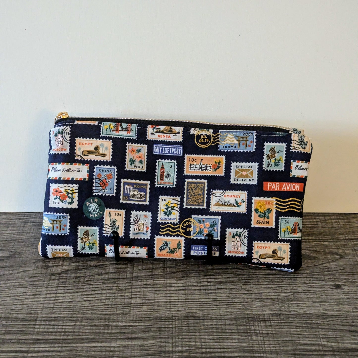 Navy Stamp Cotton Zipper Pouch