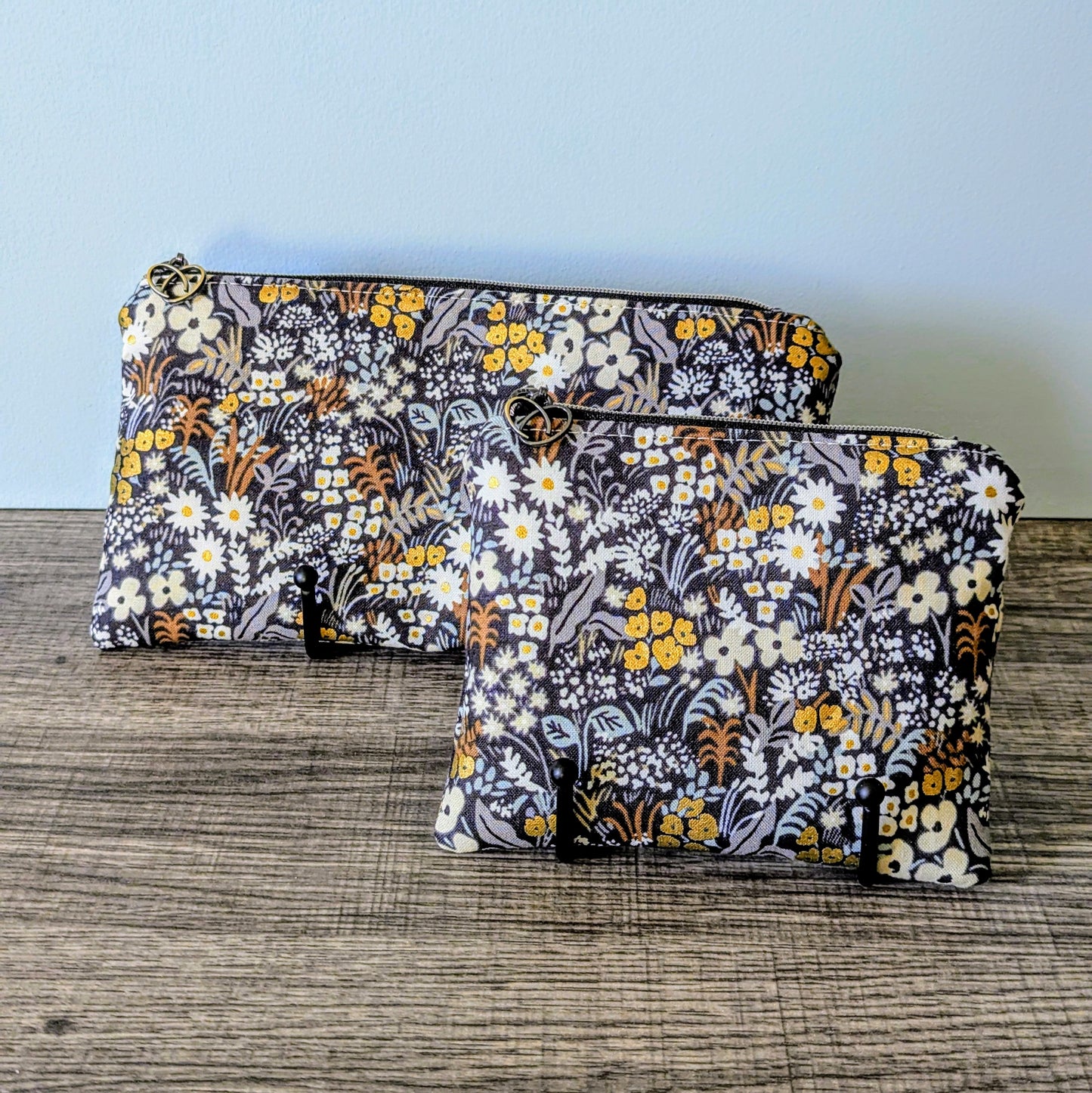 Dark Grey Floral Cotton Zipper Pouch