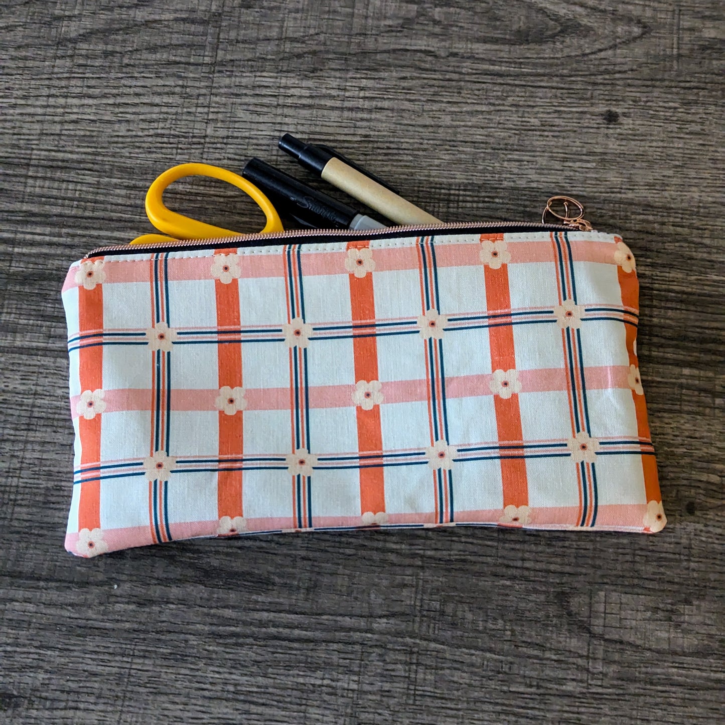 Plaid Floral Cotton Zipper Pouch