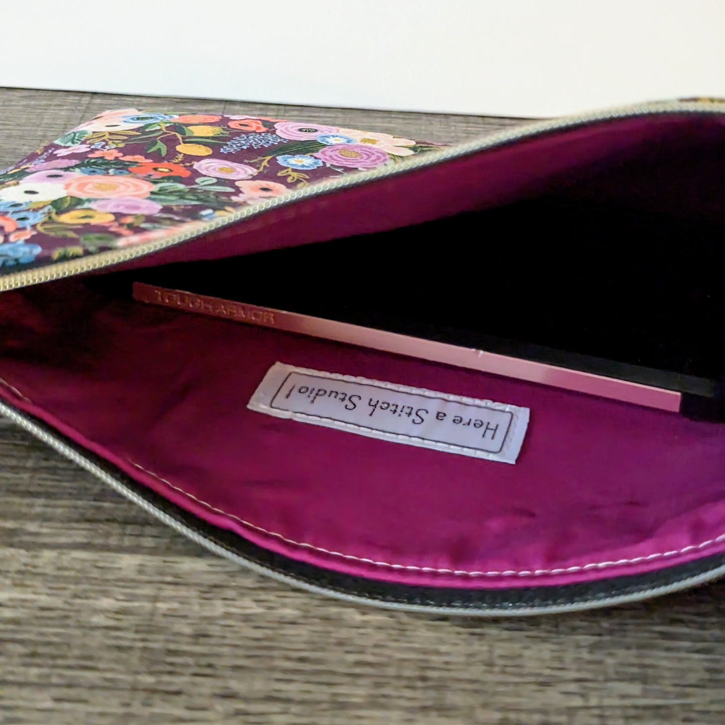 Burgundy Floral Cotton Zipper Pouch