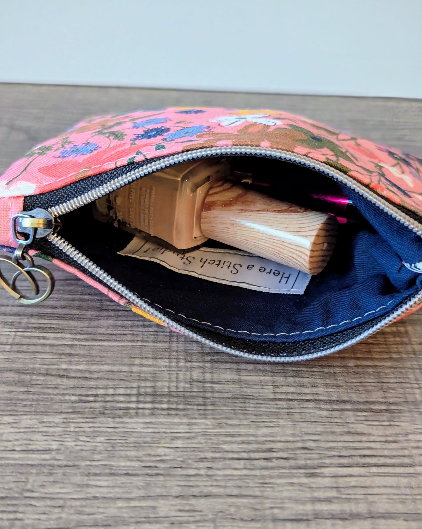 Pink Floral Cotton Zipper Pouch