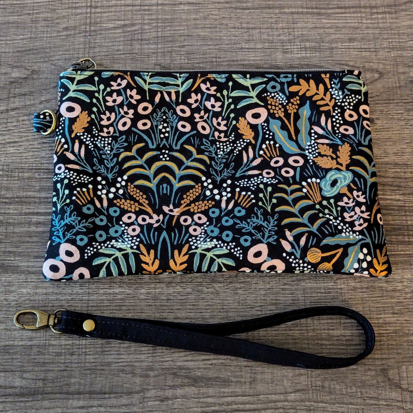 Black Menagerie Floral Canvas Wristlet Clutch